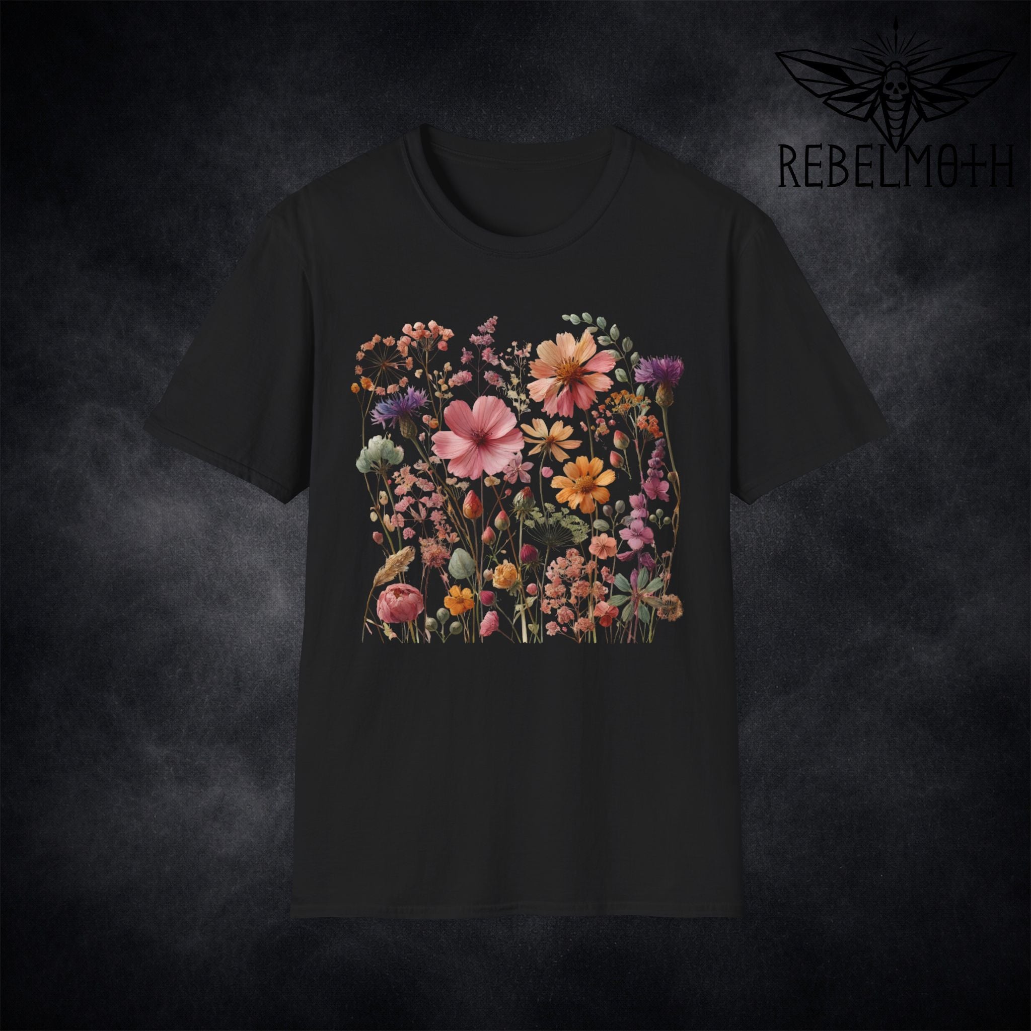 Black t-shirt with vintage wildflower meadow botanical graphic in color (dark cottagecore tee)