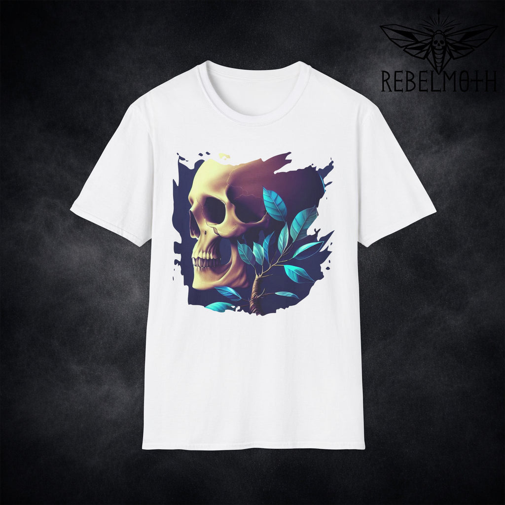 White t-shirt with a dark goth skull and leaves design.