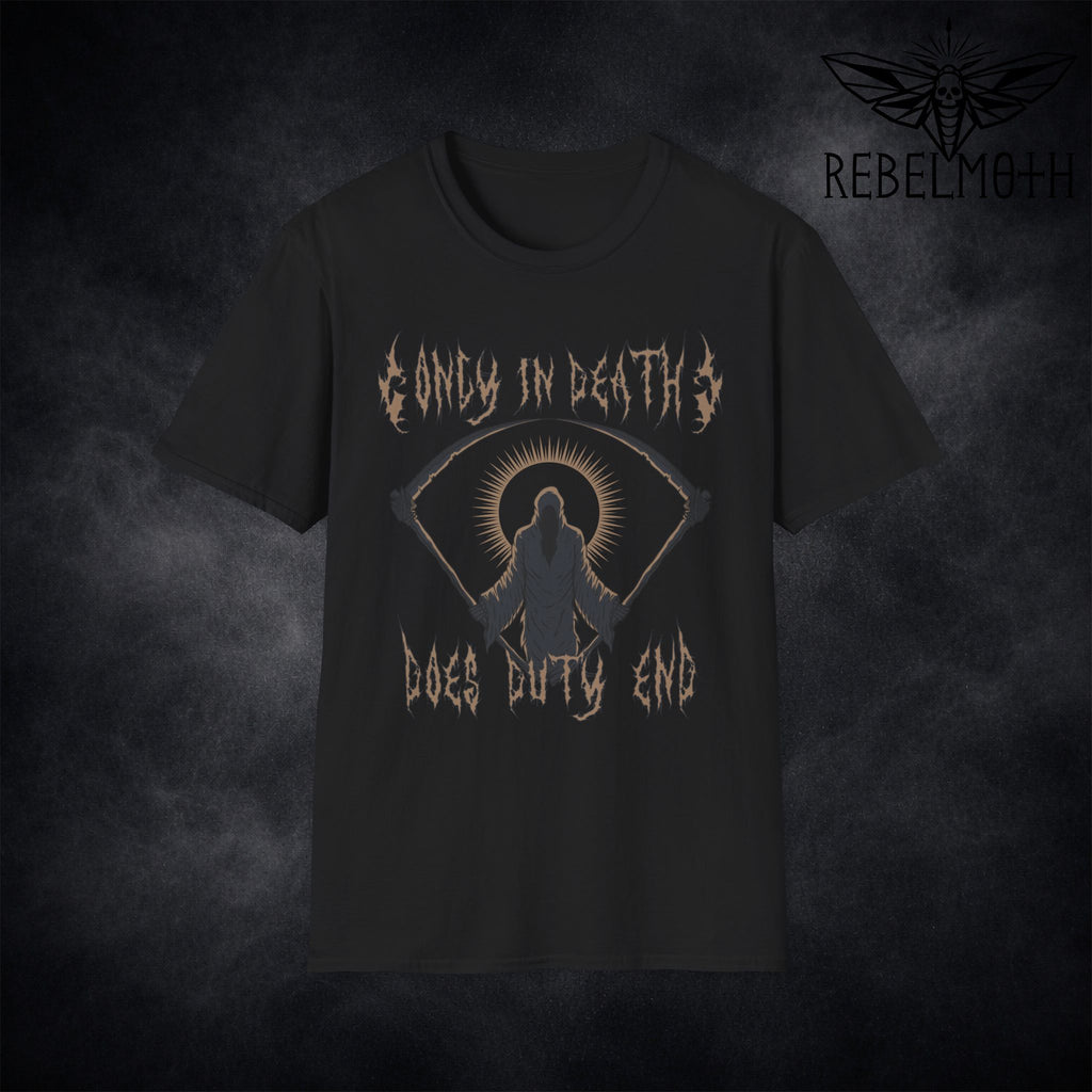 Black t-shirt with grim reaper graphic and black/death-metal style “Only in Death Does Duty End” lettering