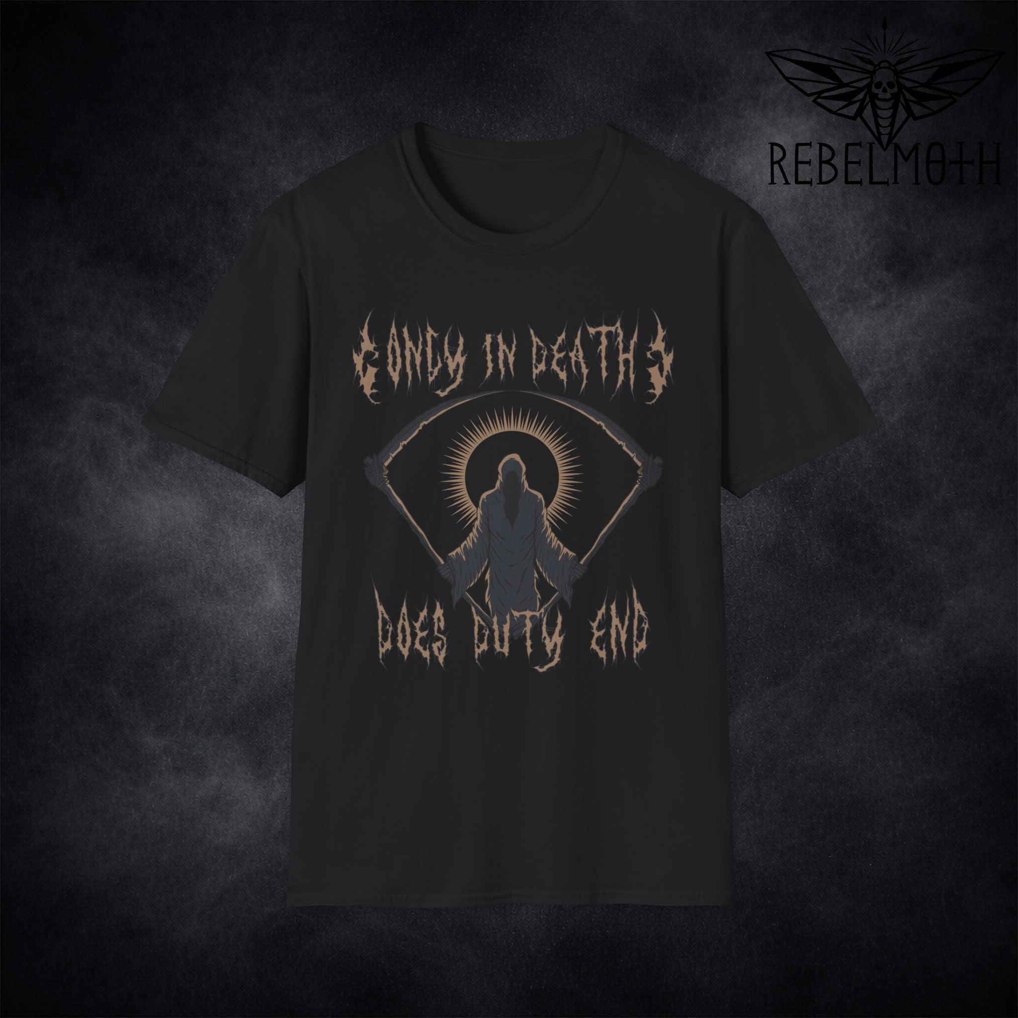 Black t-shirt with grim reaper graphic and black/death-metal style “Only in Death Does Duty End” lettering