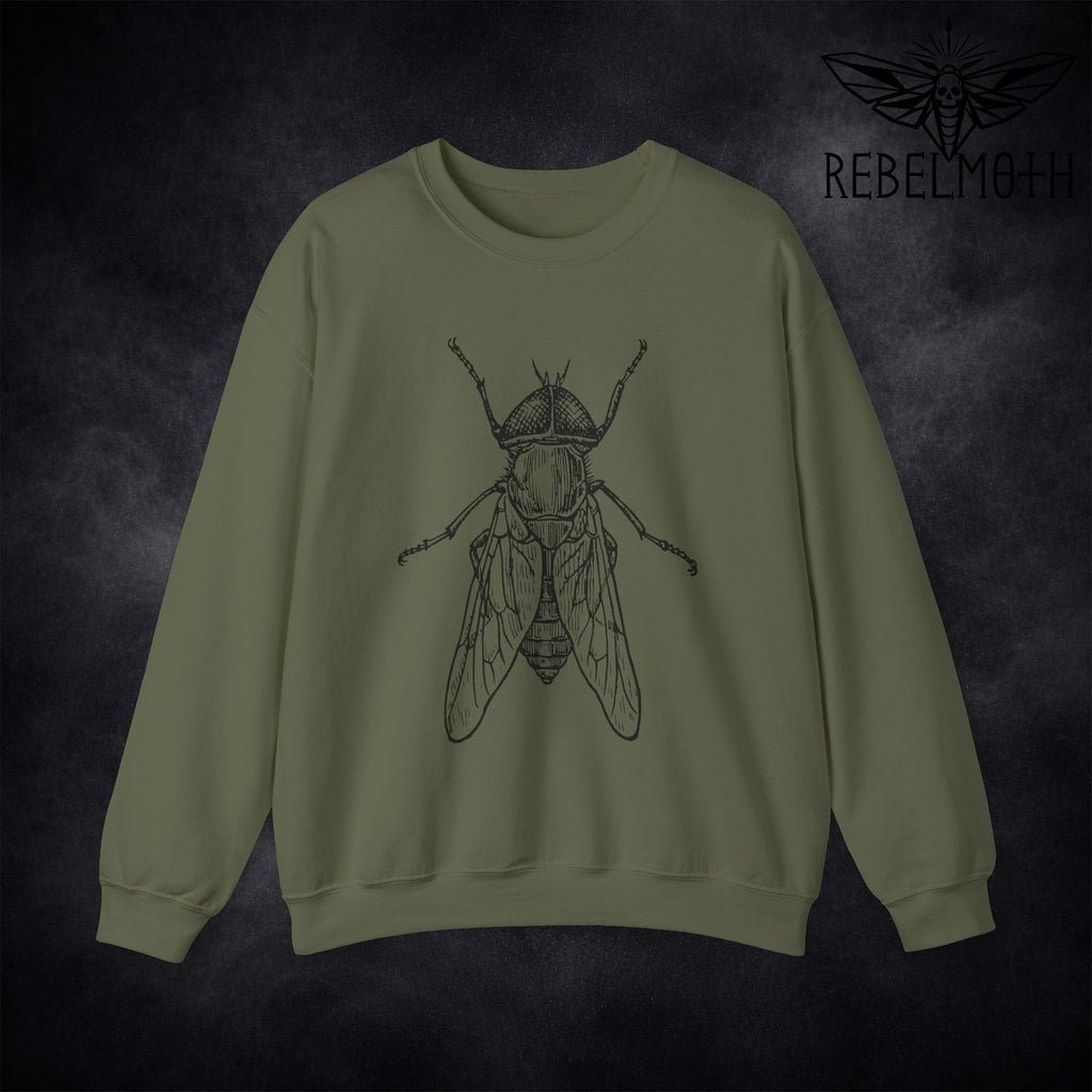 Green sweatshirt with weird house fly insect vintage bug graphic