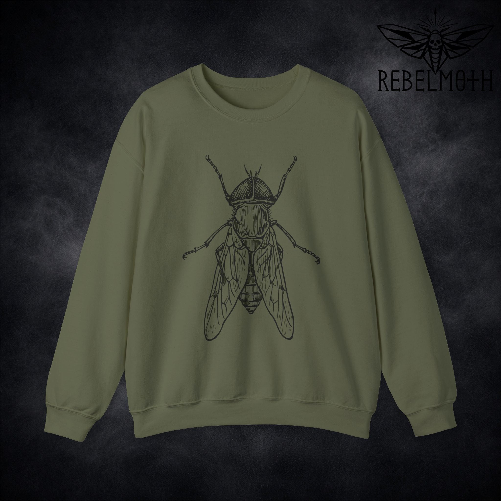Green sweatshirt with weird house fly insect vintage bug graphic