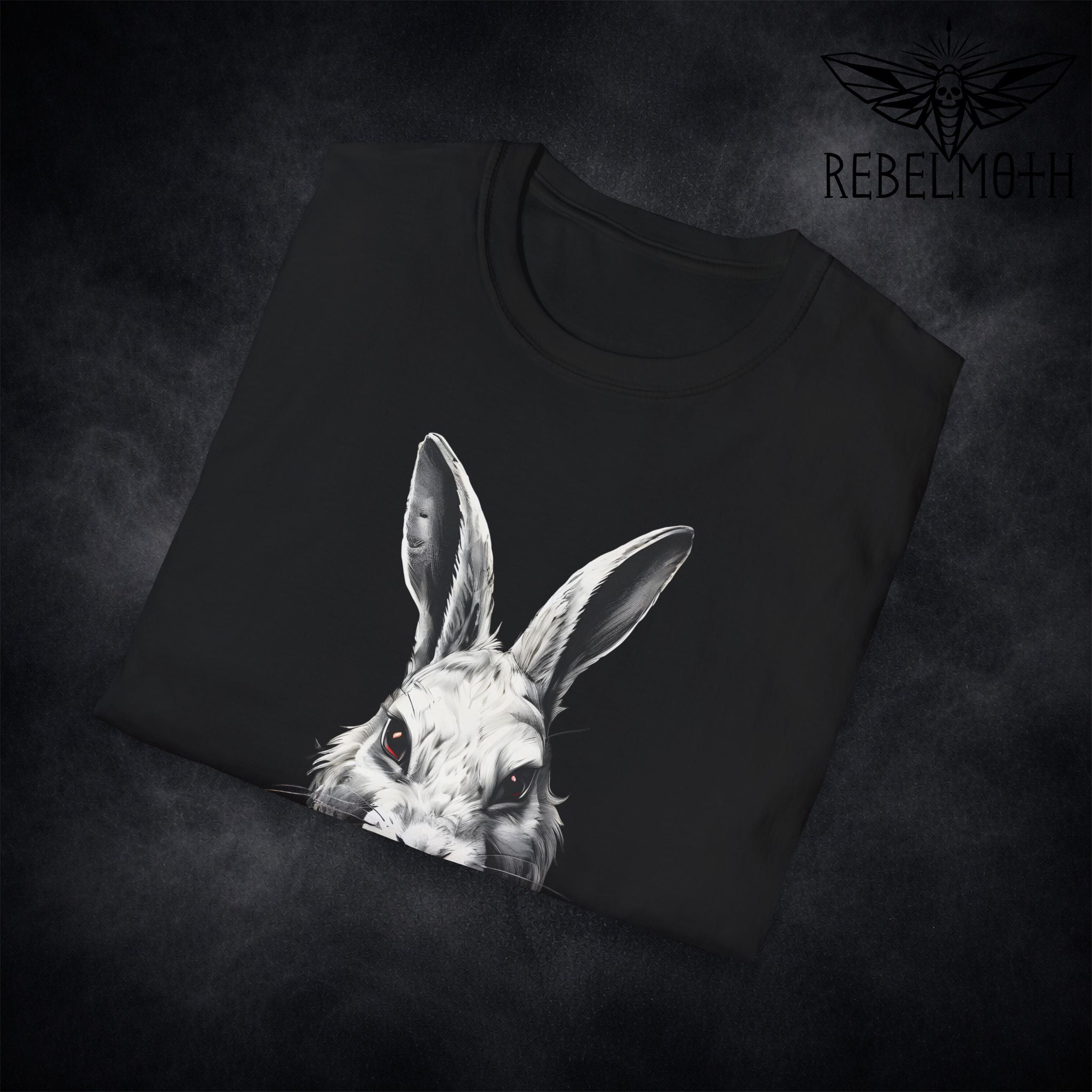 Close-up of horror bunny print on black t-shirt in high-contrast gothic style