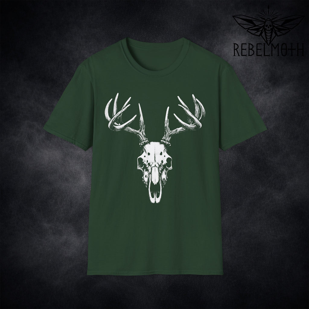 Green t-shirt with white deer skull design on a dark background