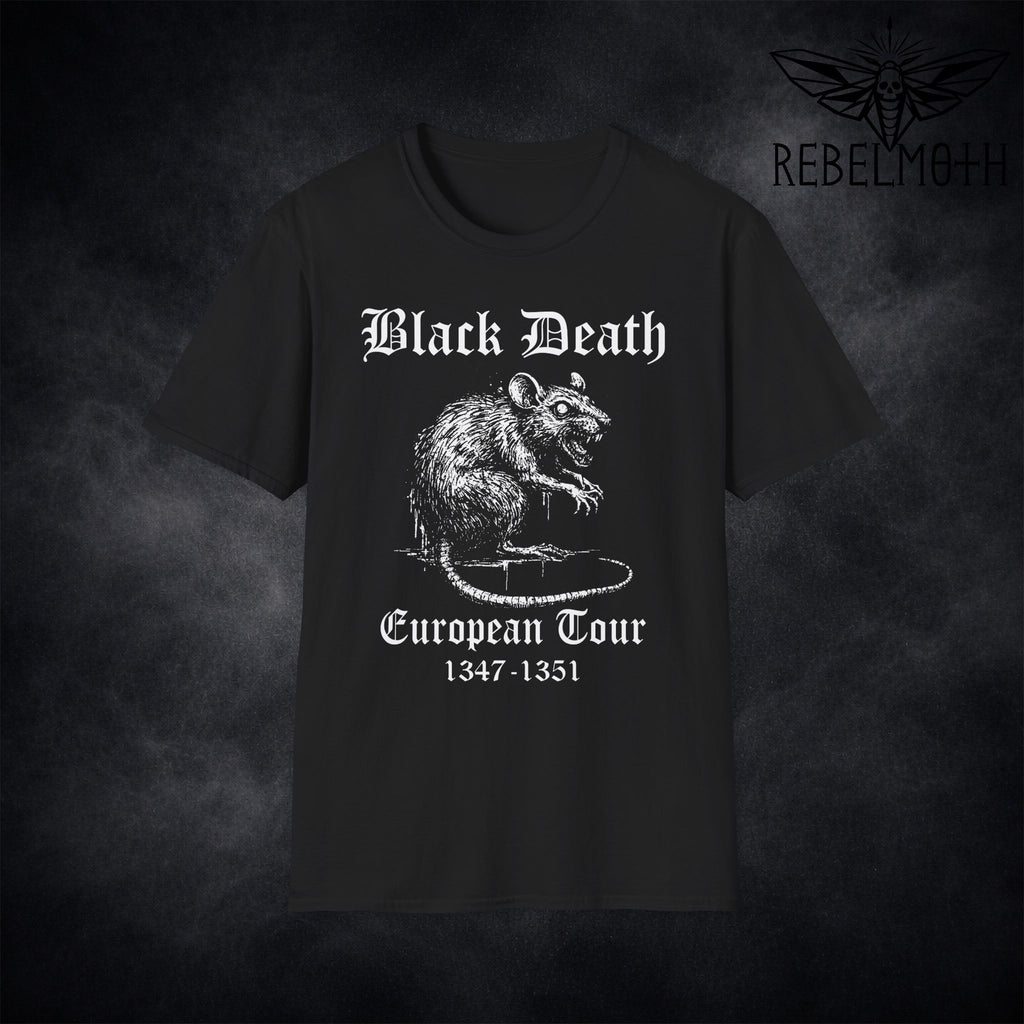 Black Black Death European Tour T-shirt with white plague rat graphic and gothic text by RebelMoth