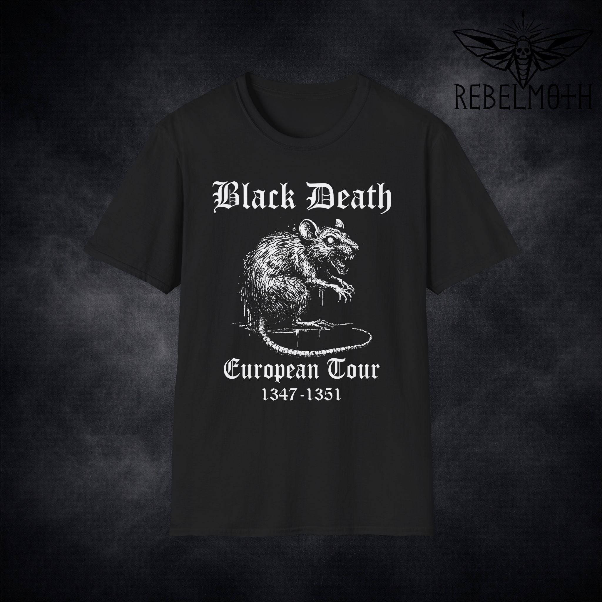 Black Black Death European Tour T-shirt with white plague rat graphic and gothic text by RebelMoth