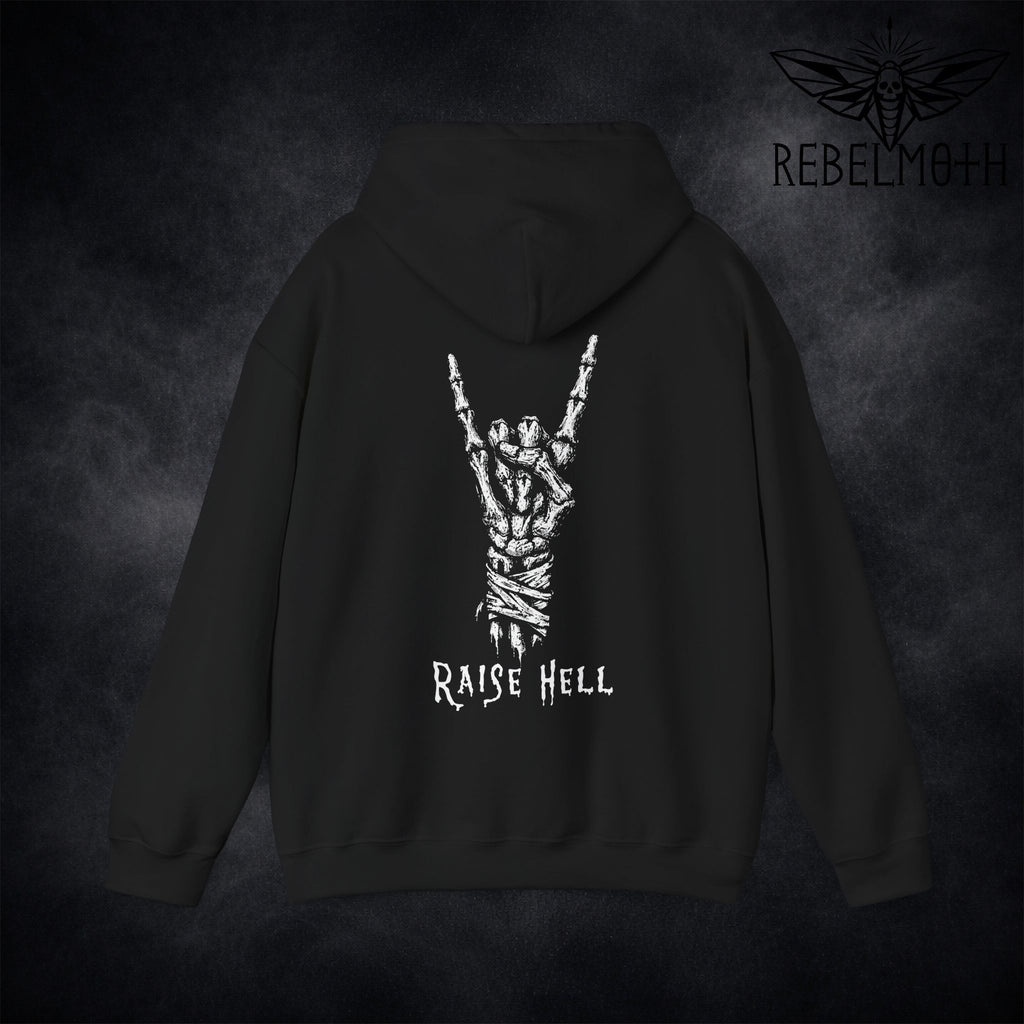 Black metal hoodie with devil horns skeleton hand design and 'Raise Hell' text on the back