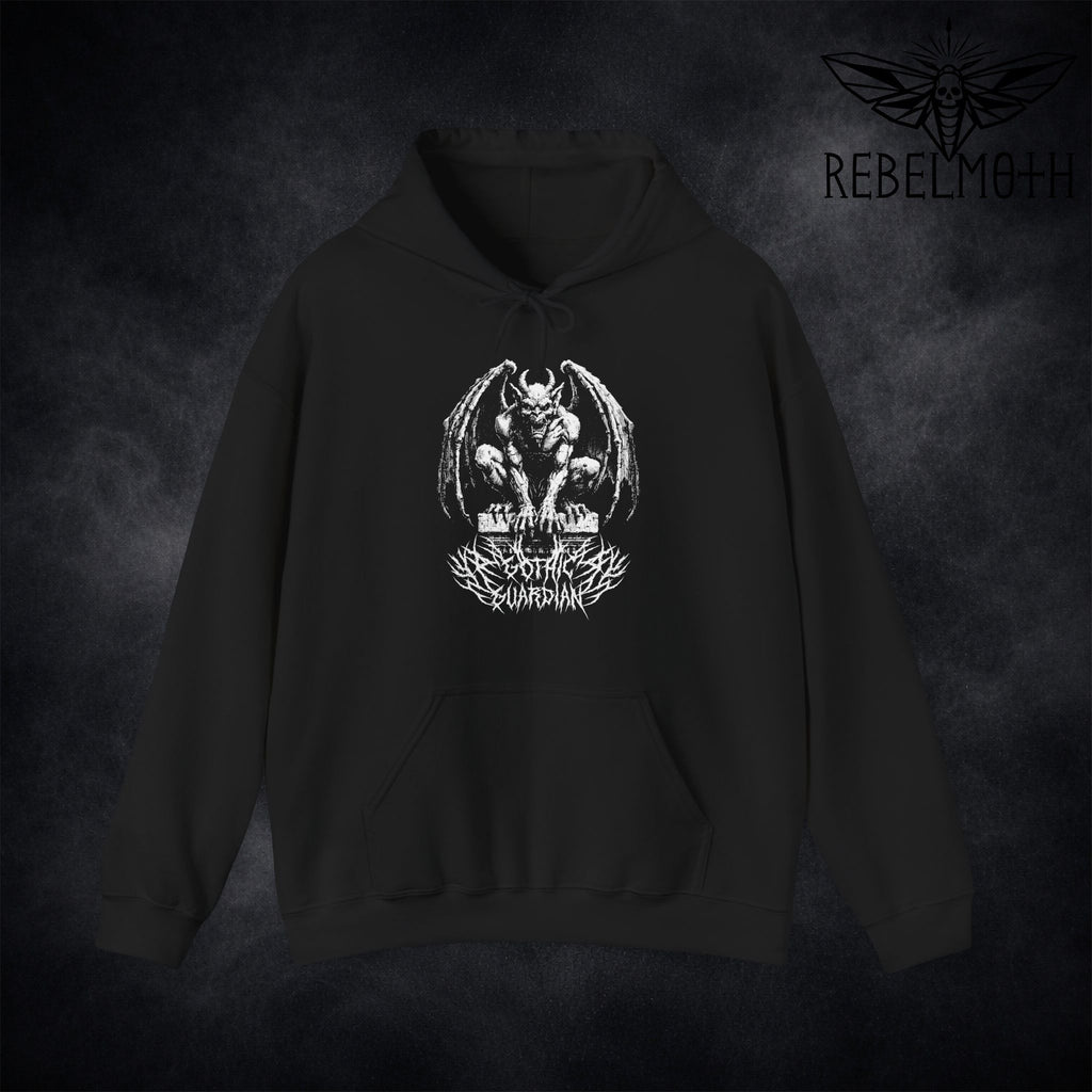 Black hoodie with gargoyle “Gothic Guardian” dark medieval graphic in white (gothic streetwear)