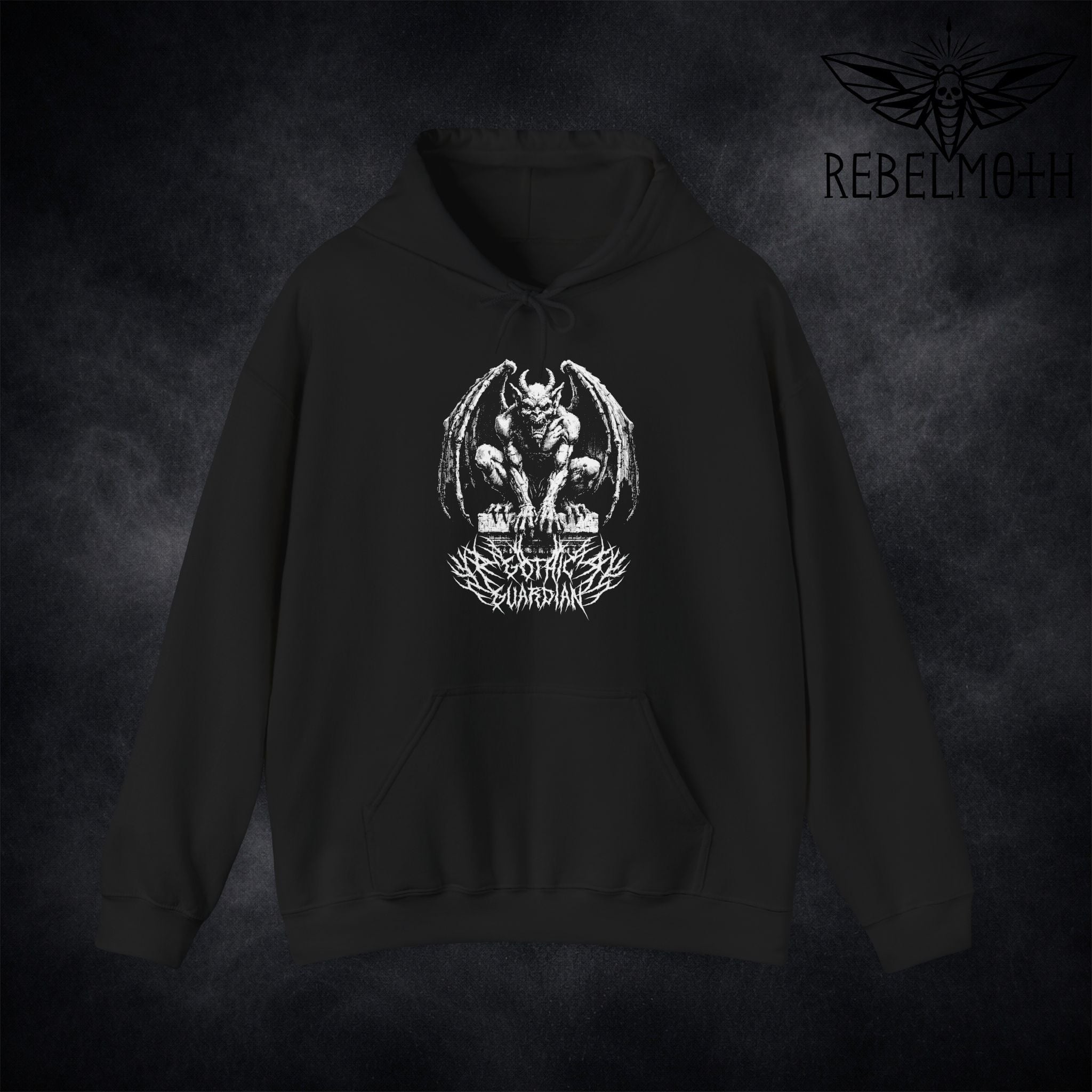 Black hoodie with gargoyle “Gothic Guardian” dark medieval graphic in white (gothic streetwear)