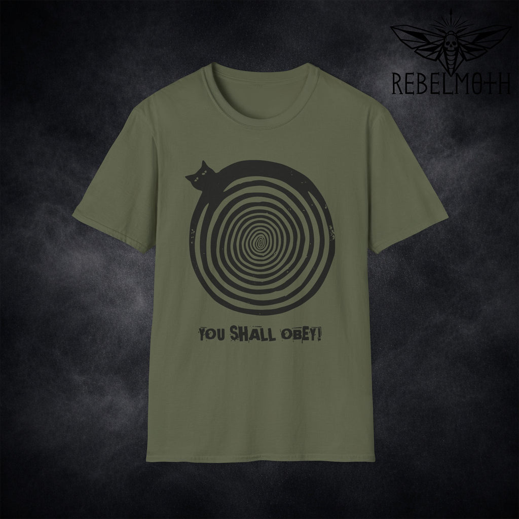 Military Green hypnotic cat T-shirt with spiral graphic and You Shall Obey text by RebelMoth