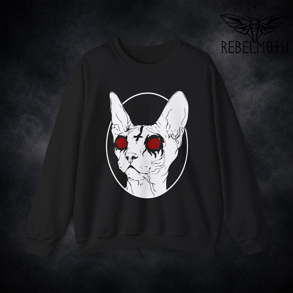 Black crewneck sweatshirt with red-eyed sphynx cat and inverted cross occult graphic (black metal style)
