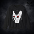 Black crewneck sweatshirt with red-eyed sphynx cat and inverted cross occult graphic (black metal style)