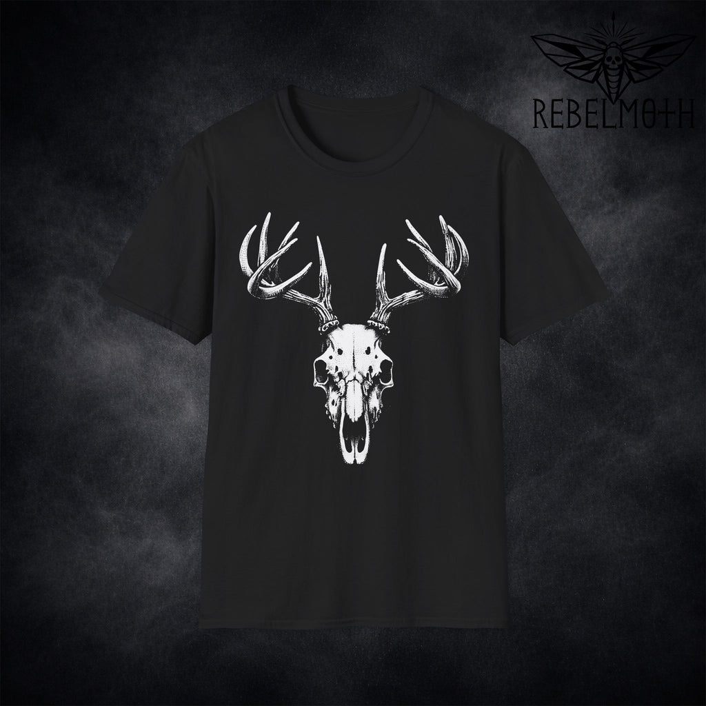 Black t-shirt with gothic deer skull and stag antlers graphic (dark nature horror design)