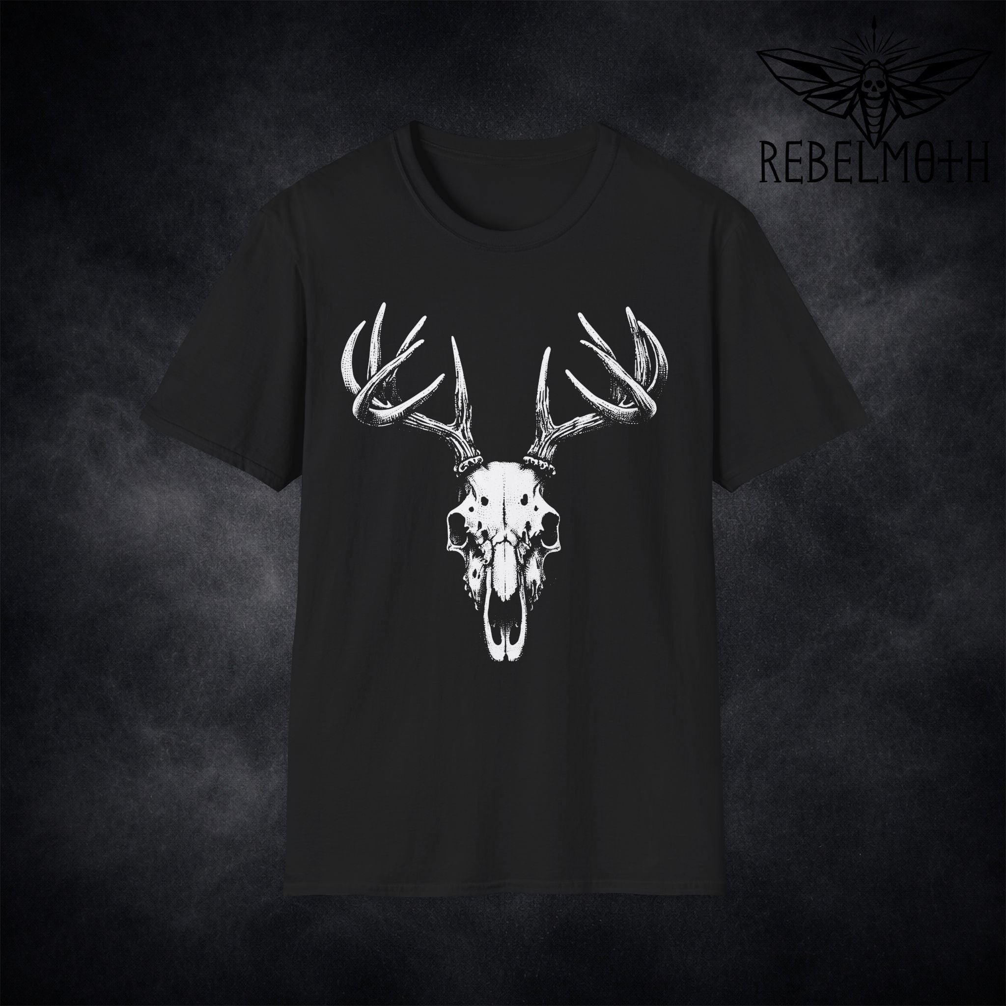 Black t-shirt with gothic deer skull and stag antlers graphic (dark nature horror design)