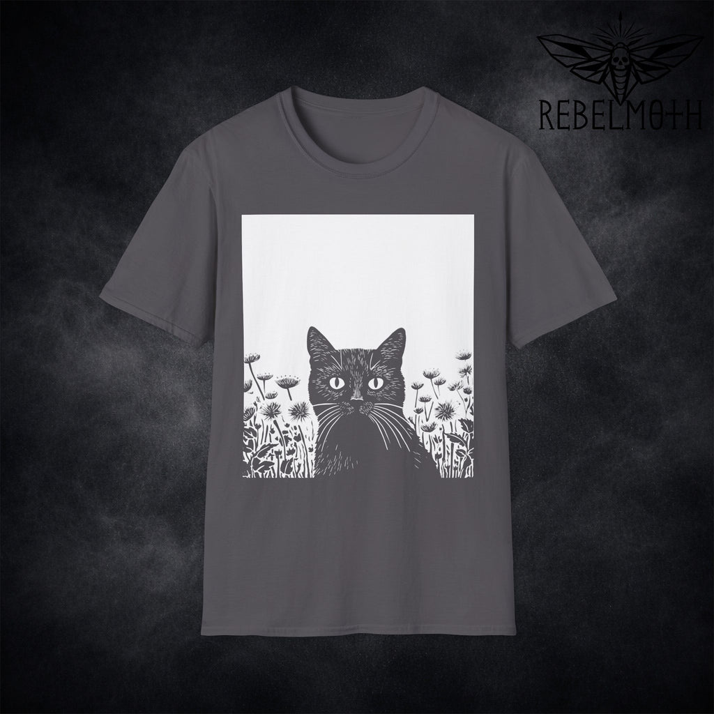 Grey t-shirt with black cat in a wildflower garden vintage linoprint graphic (cat garden tee)
