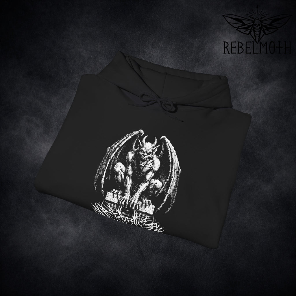 Close-up of gargoyle artwork and “Gothic Guardian” text on black hoodie (dark medieval graphic)