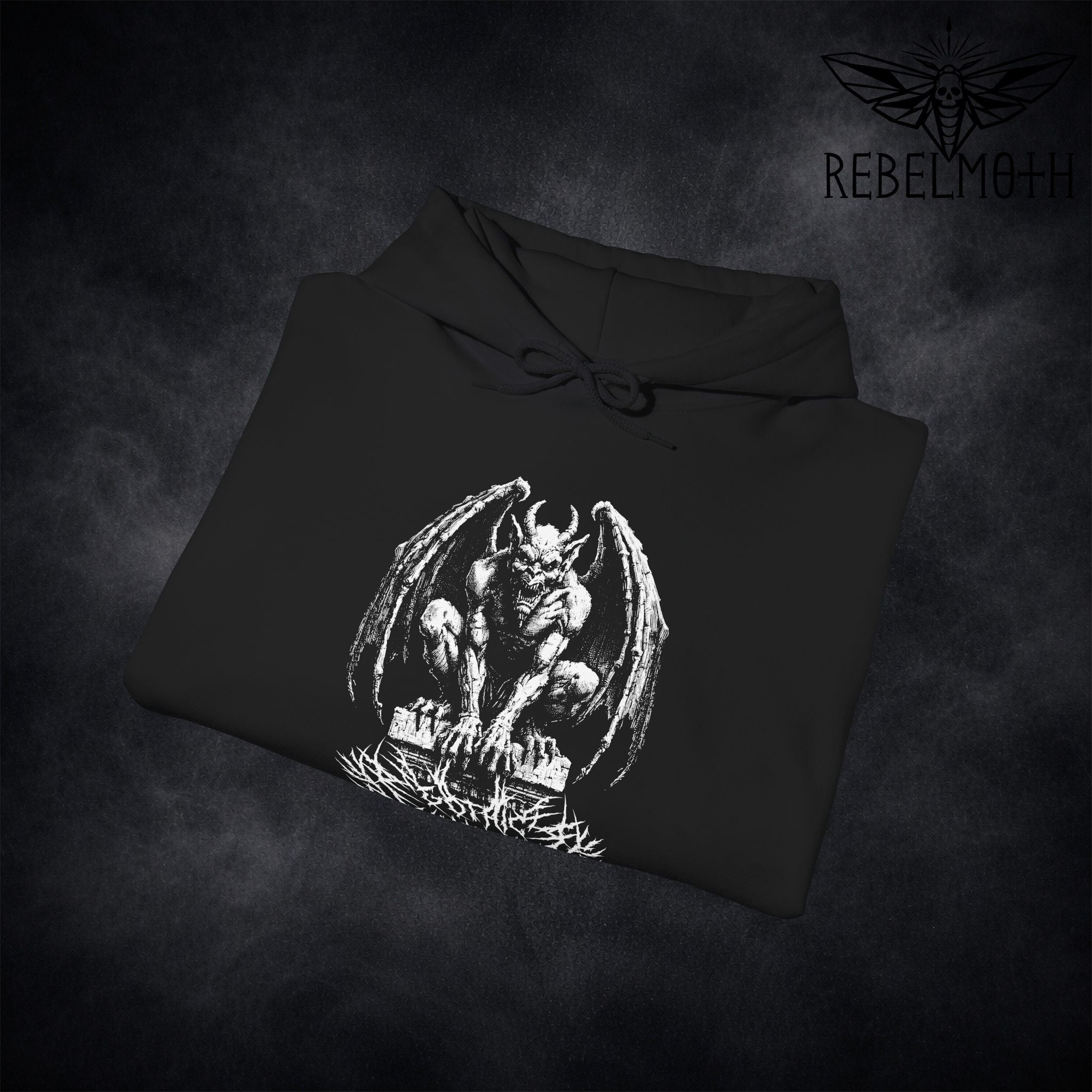 Close-up of gargoyle artwork and “Gothic Guardian” text on black hoodie (dark medieval graphic)