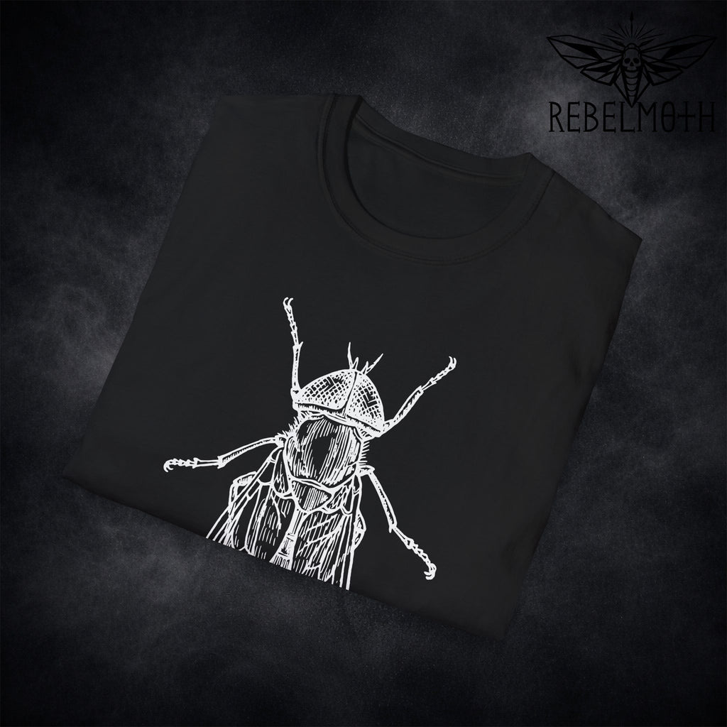 Close-up of house fly line art insect print on black t-shirt
