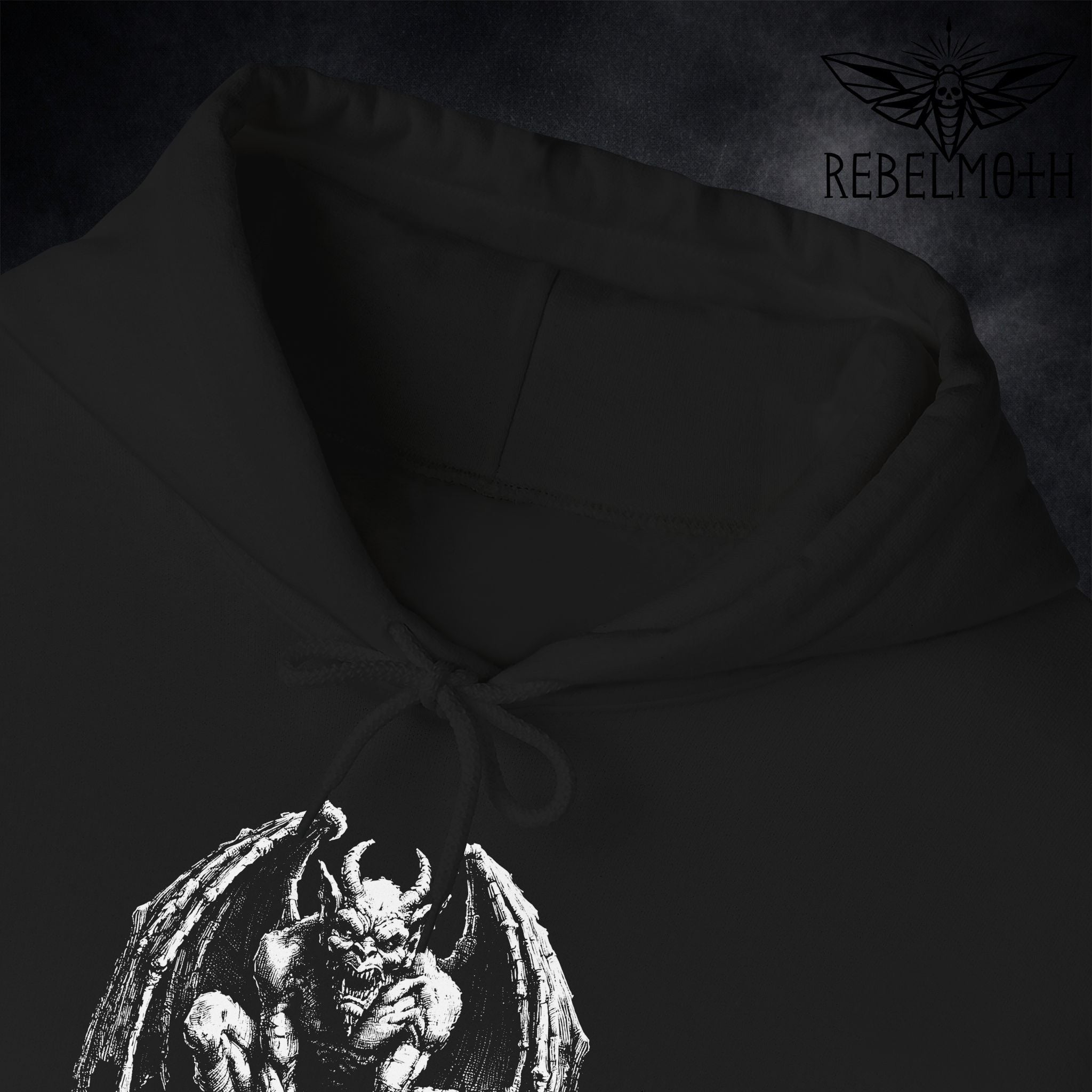 Close-up of gargoyle artwork and “Gothic Guardian” text on black hoodie (dark medieval graphic)