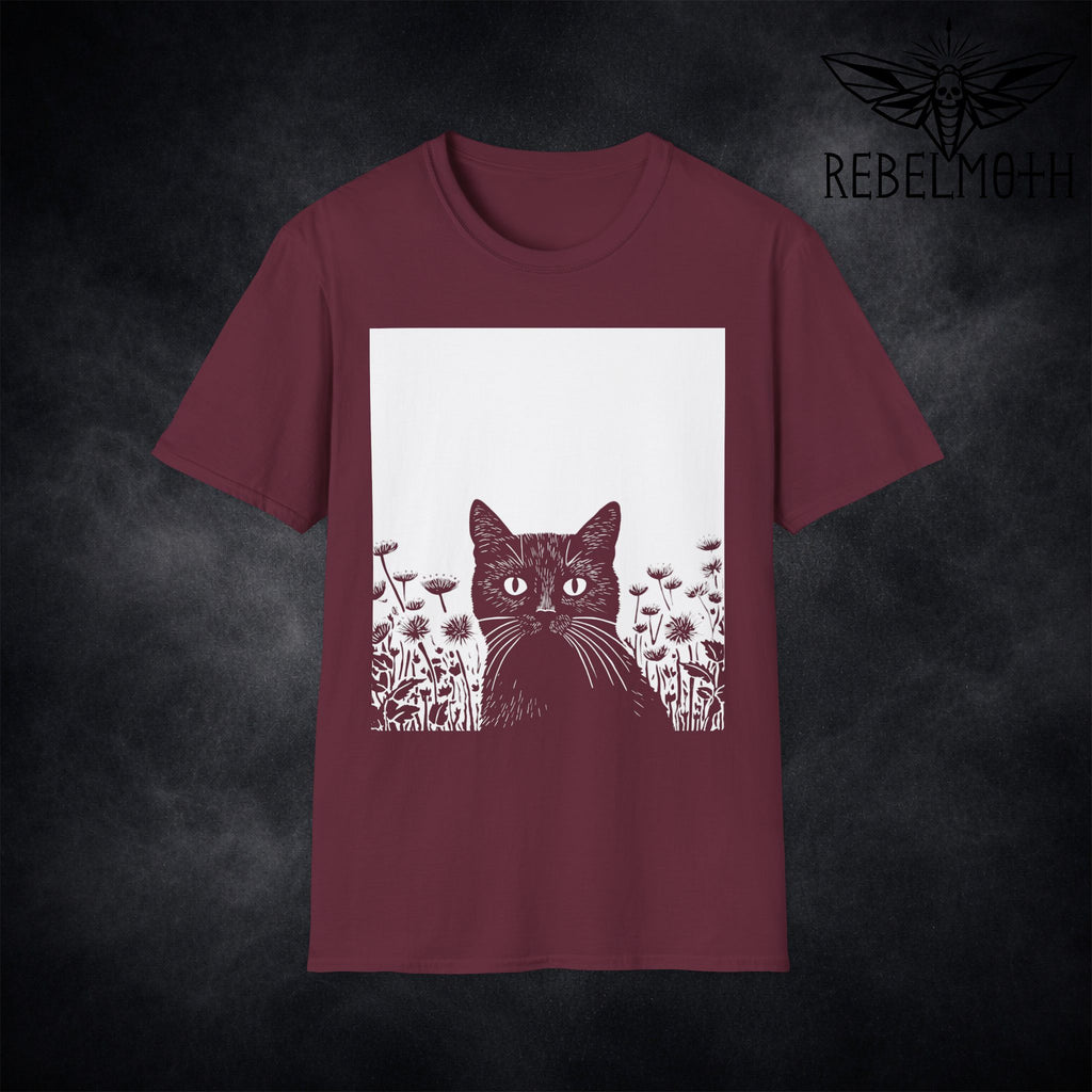 Maroon t-shirt with black cat in a wildflower garden vintage linoprint graphic (cat garden tee)