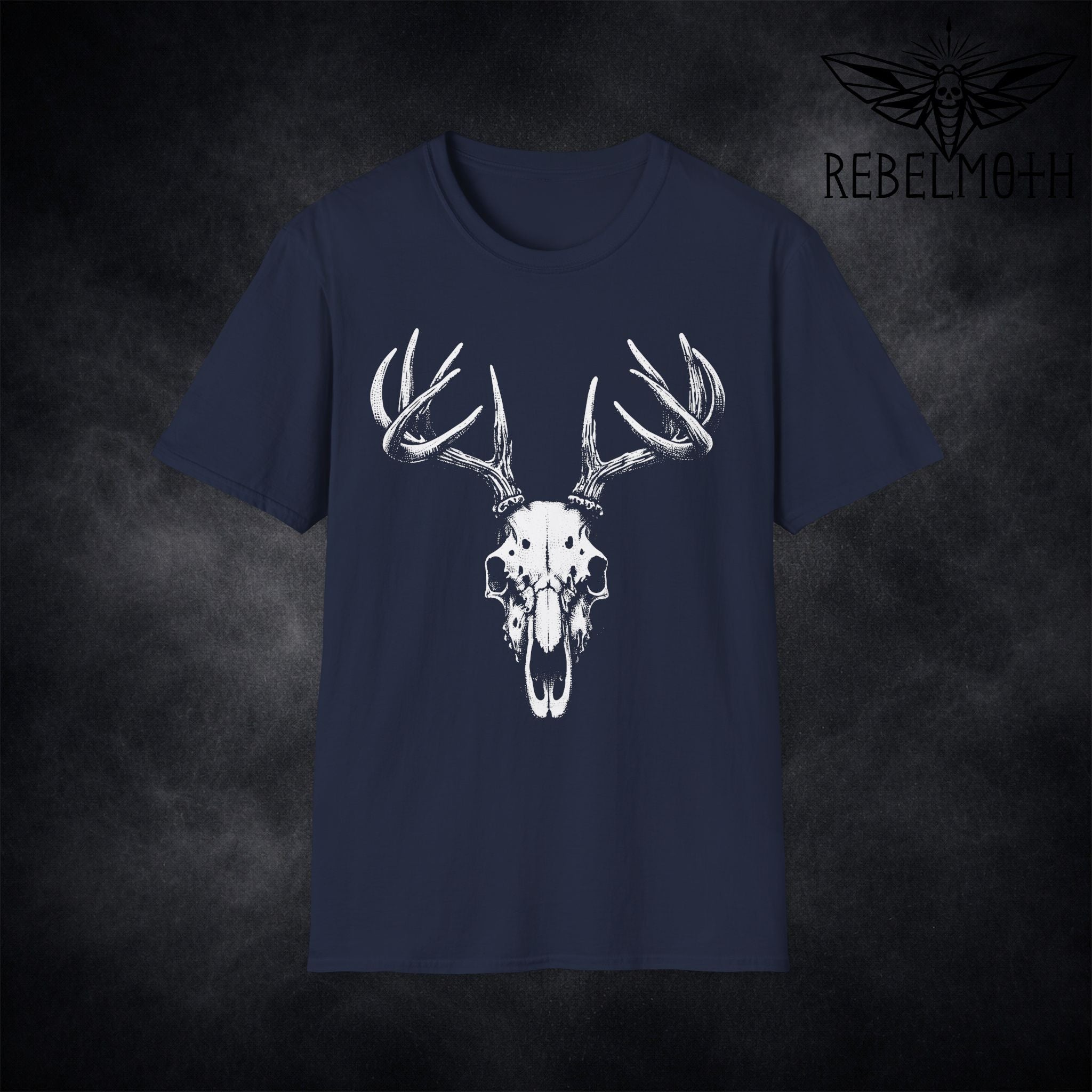 Navy blue t-shirt with white deer skull design on a dark background