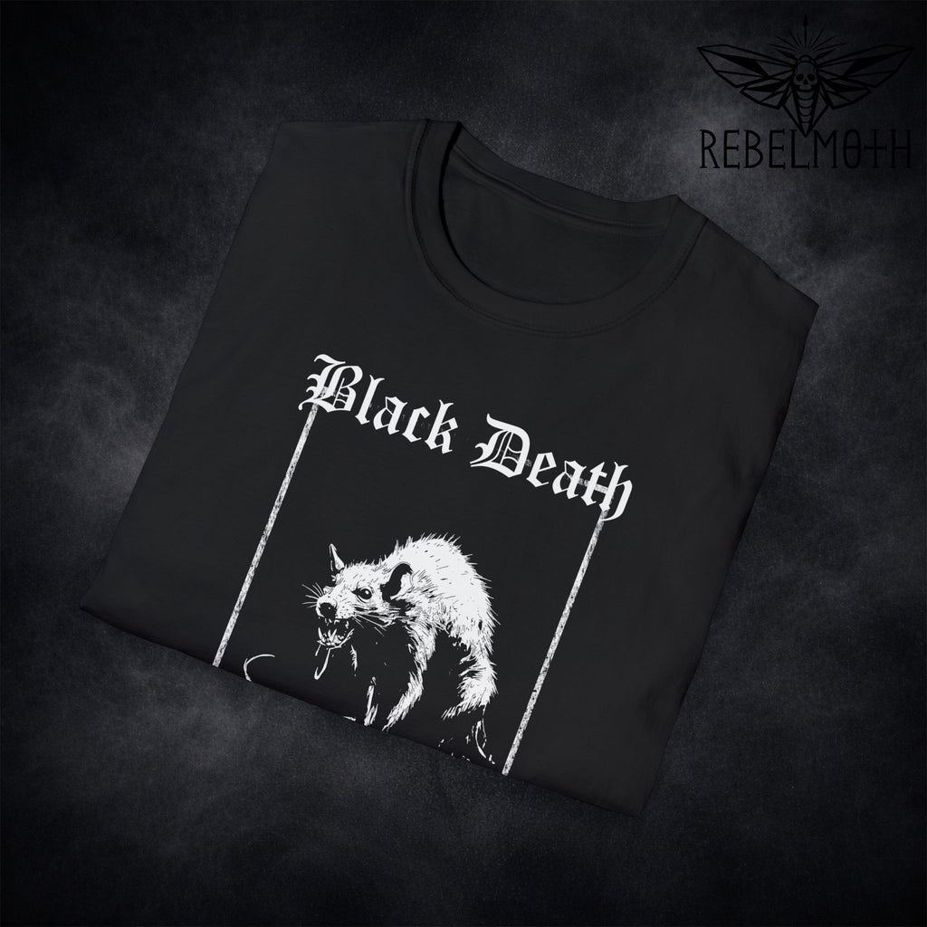 Close-up of plague rat illustration and “European Tour 1347–1351” text on black t-shirt