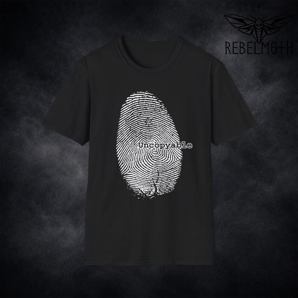 Black grunge t-shirt with a white fingerprint design and 'Uncopyable' text.