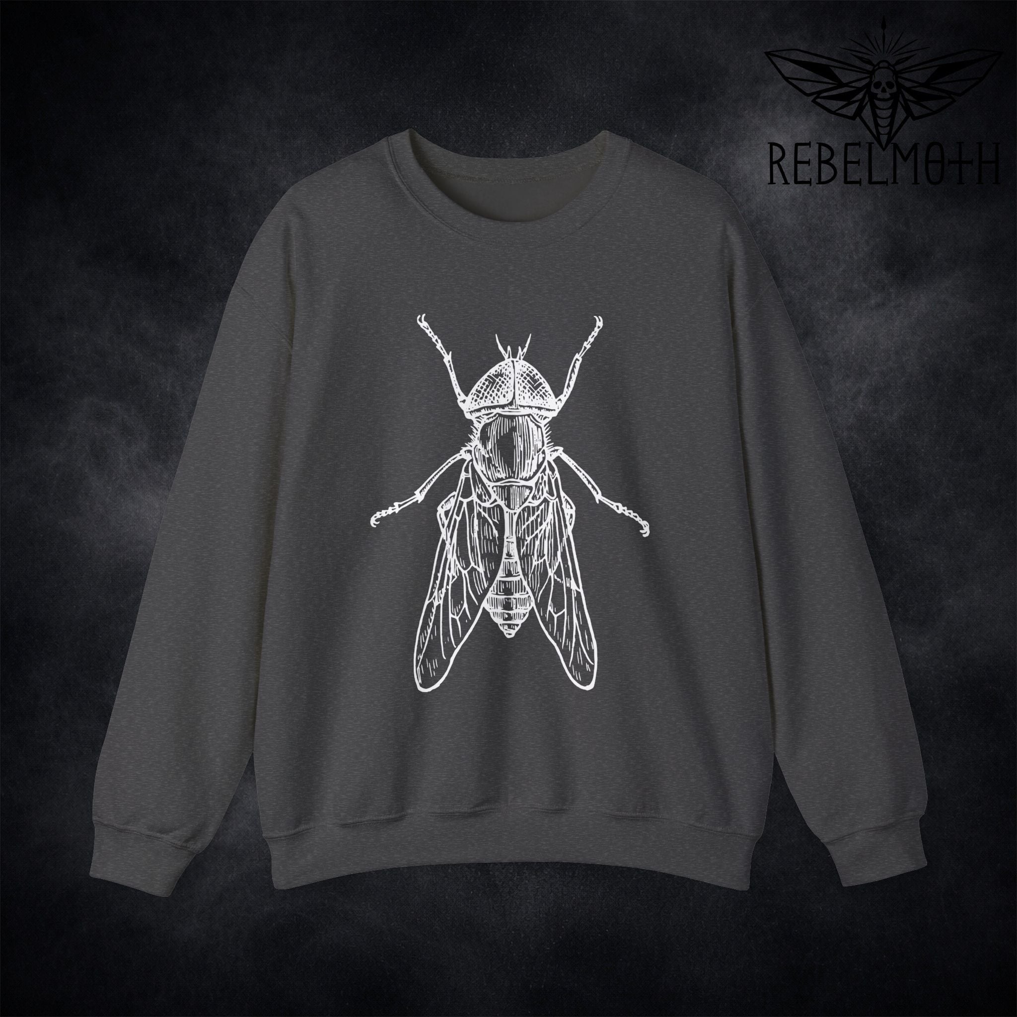 Dark grey sweatshirt with weird house fly insect vintage bug graphic