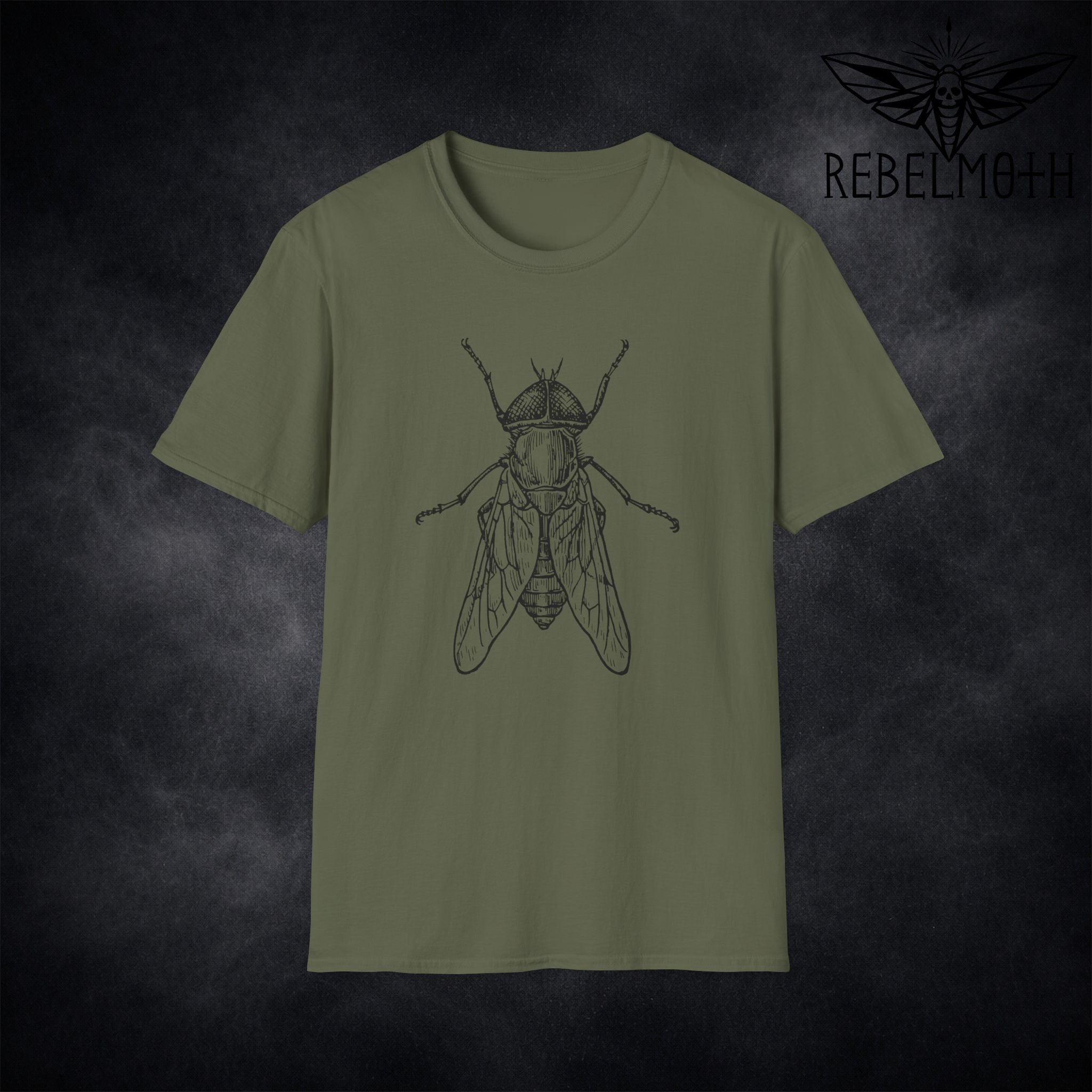 Green t-shirt with vintage house fly insect illustration graphic in black line art (minimal bug tee)