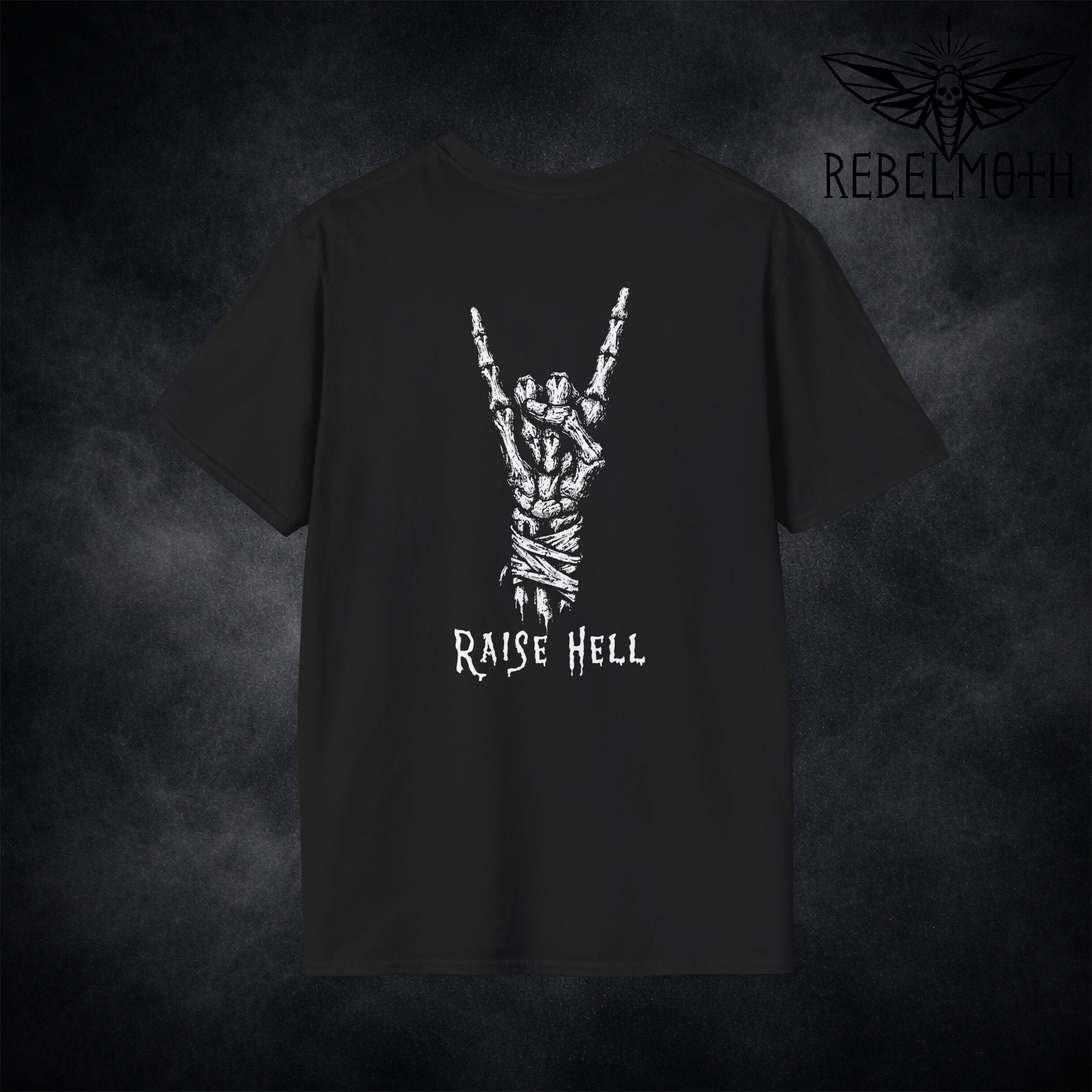 Black heavy metal t-shirt with skeleton hand throwing devil horns and Raise Hell back print