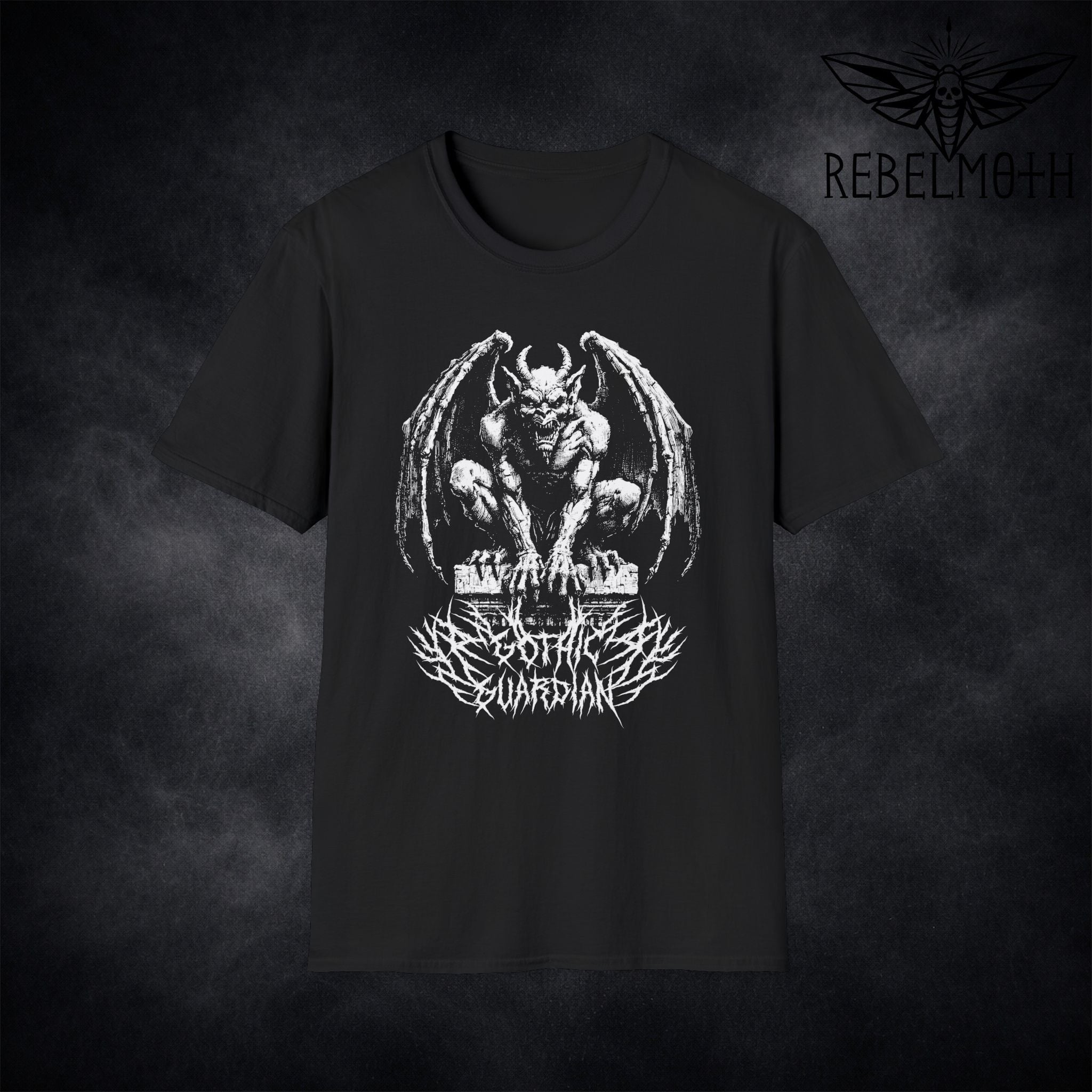 Black t-shirt with winged gargoyle graphic and “Gothic Guardian” black-metal lettering (dark fantasy goth tee)