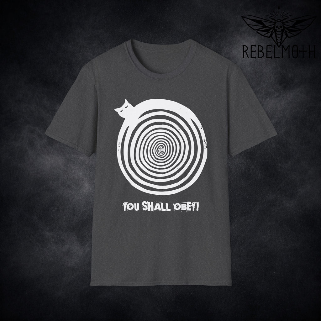 Dark Heather hypnotic cat T-shirt with spiral graphic and You Shall Obey text by RebelMoth