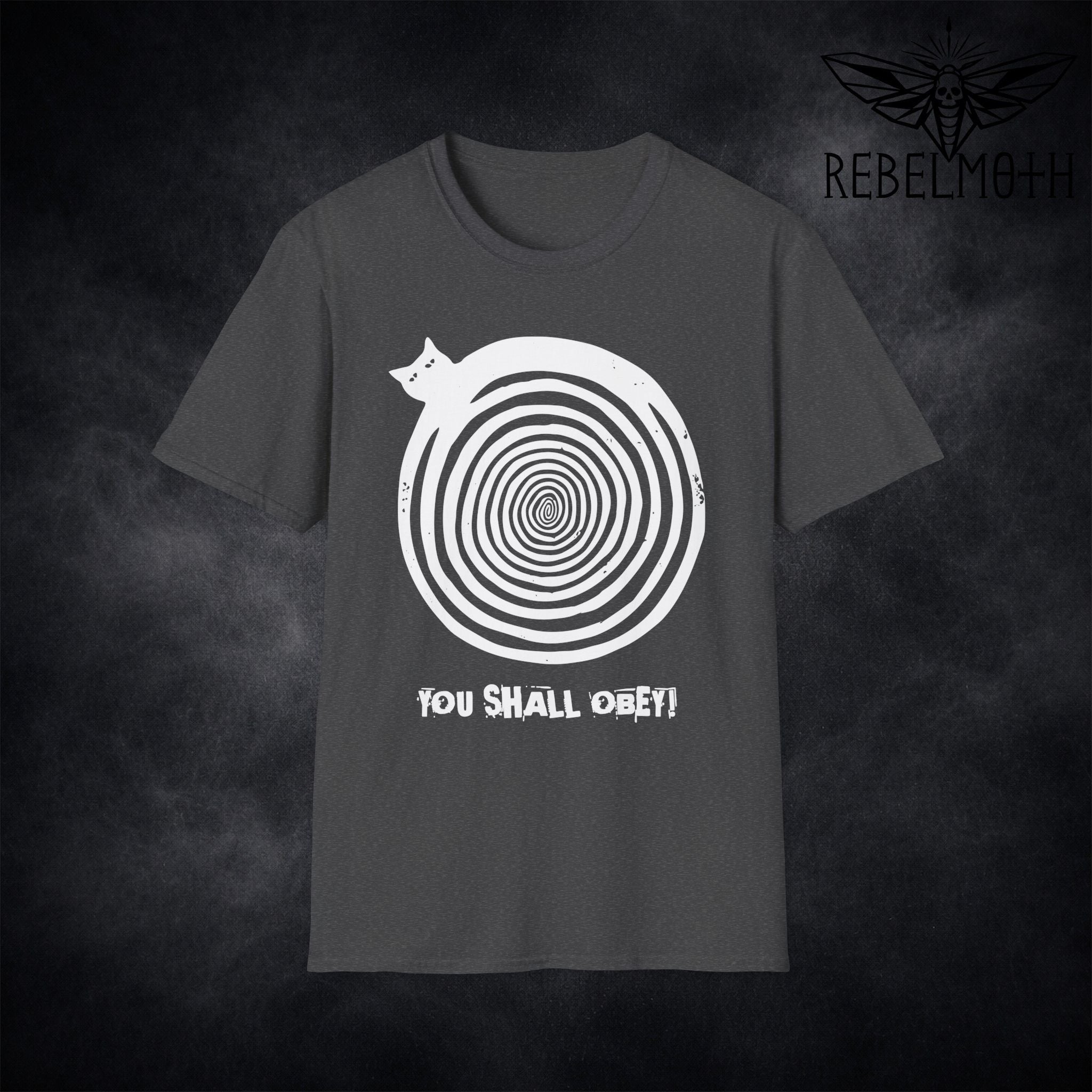Dark Heather hypnotic cat T-shirt with spiral graphic and You Shall Obey text by RebelMoth