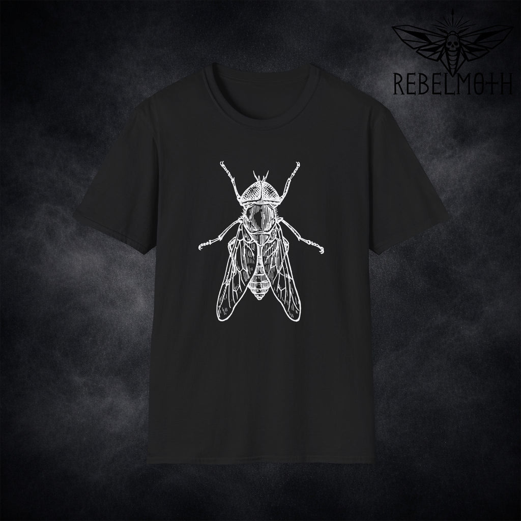 Black t-shirt with vintage house fly insect illustration graphic in white line art (minimal bug tee)