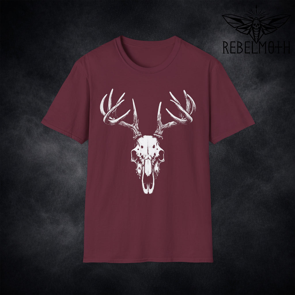 Maroon t-shirt with gothic deer skull design on a dark background.