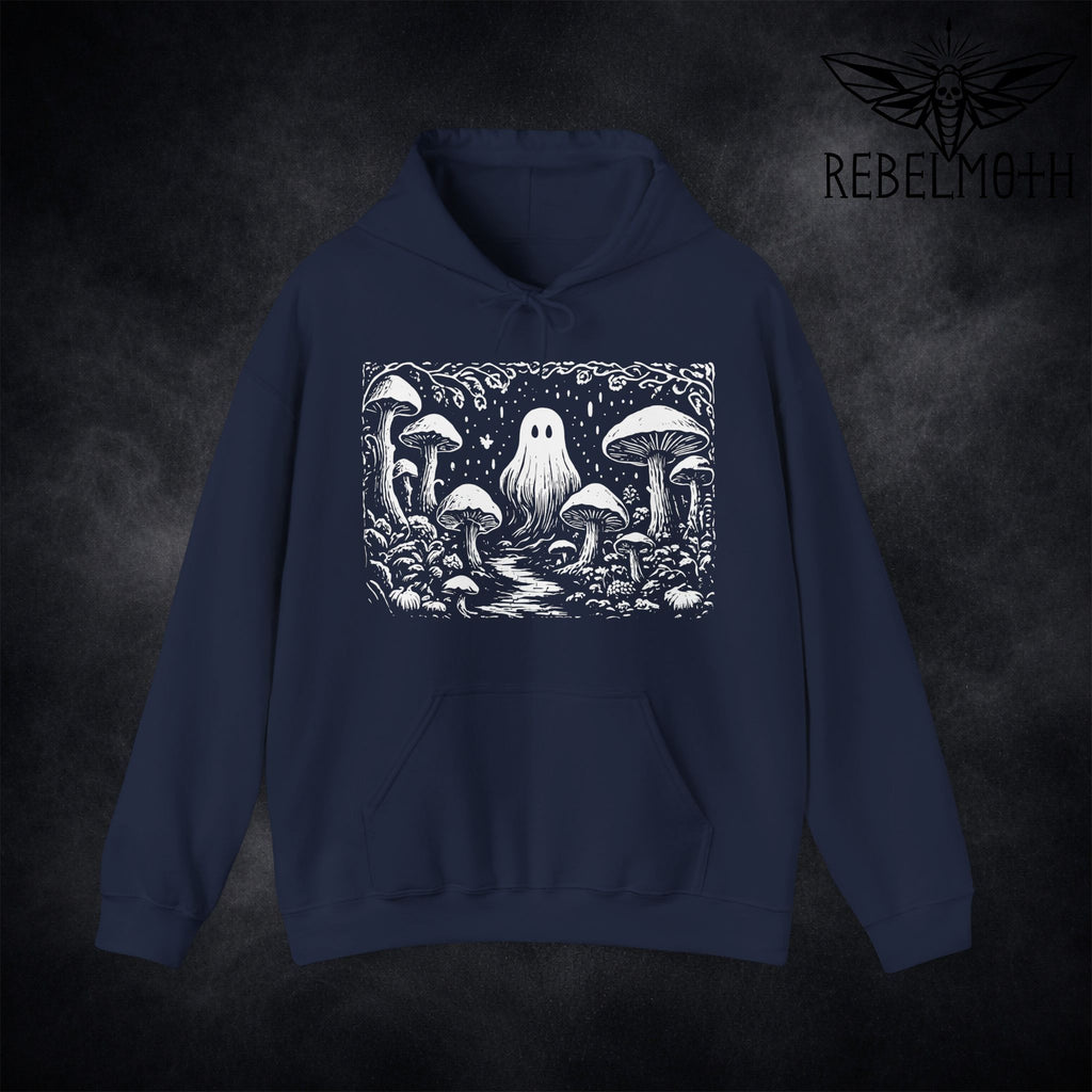 Navy blue hoodie with linocut-style ghost in a mushroom forest graphic (weirdcore goth hoodie)