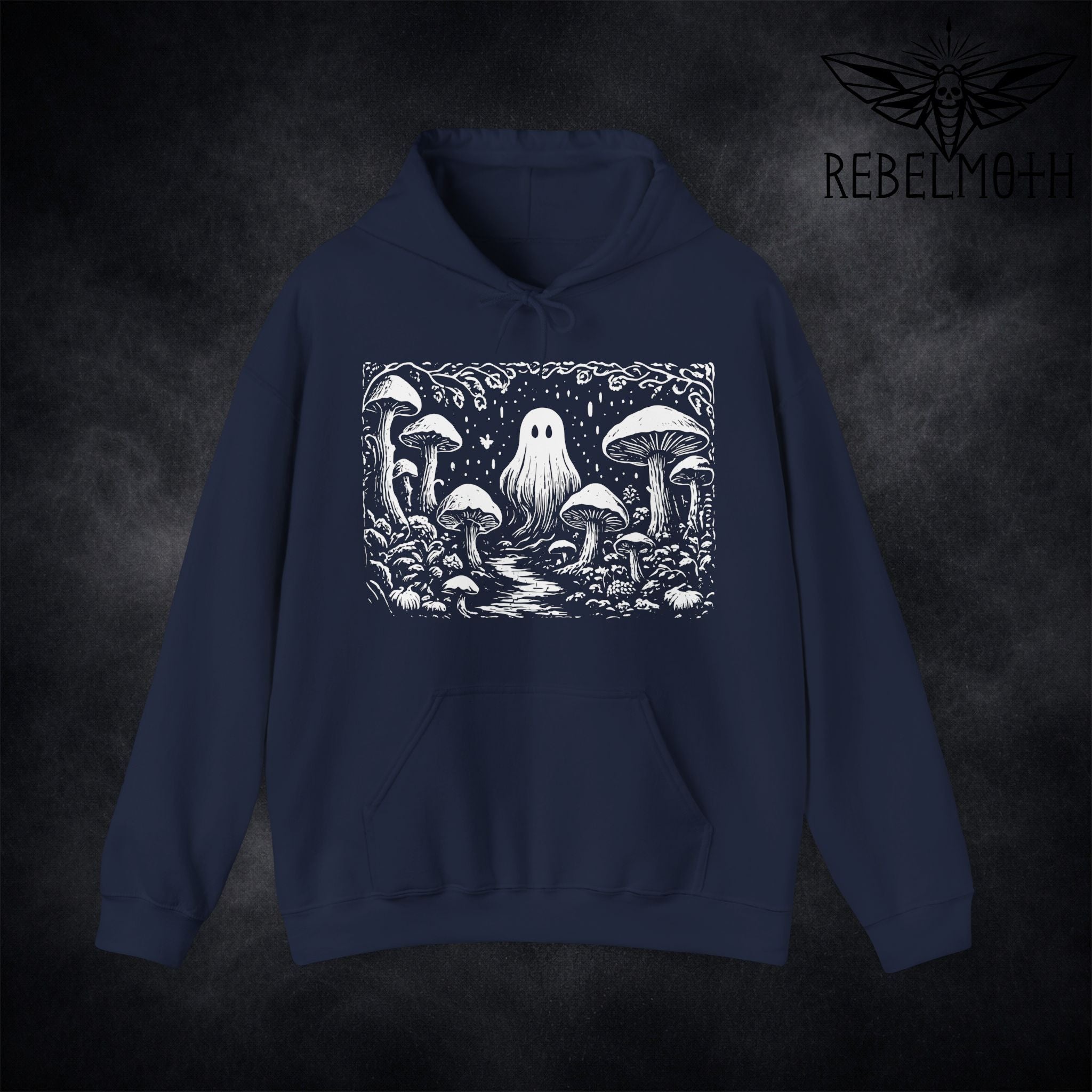 Navy blue hoodie with linocut-style ghost in a mushroom forest graphic (weirdcore goth hoodie)
