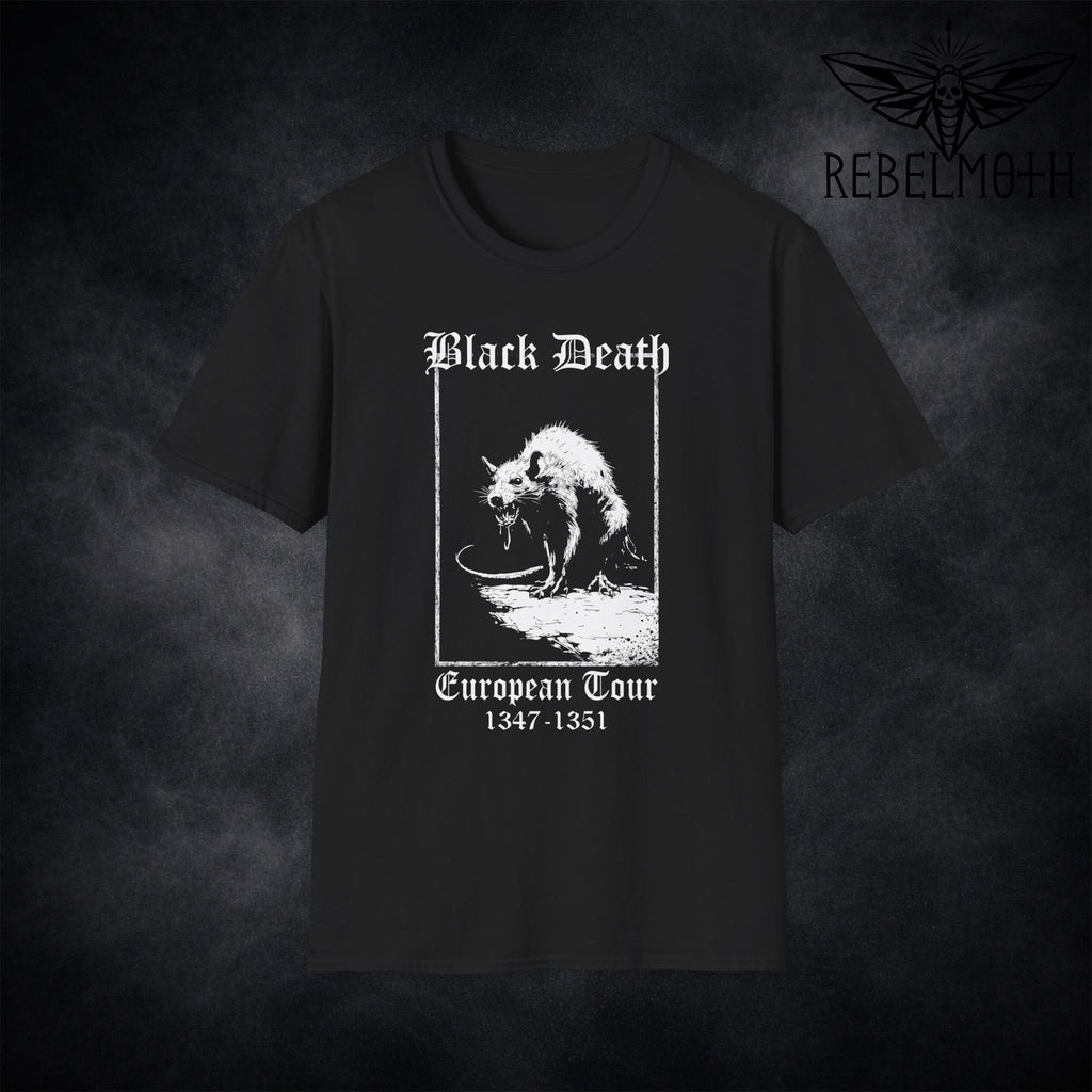 Black t-shirt with “Black Death” plague rat poster graphic and “European Tour 1347–1351” text