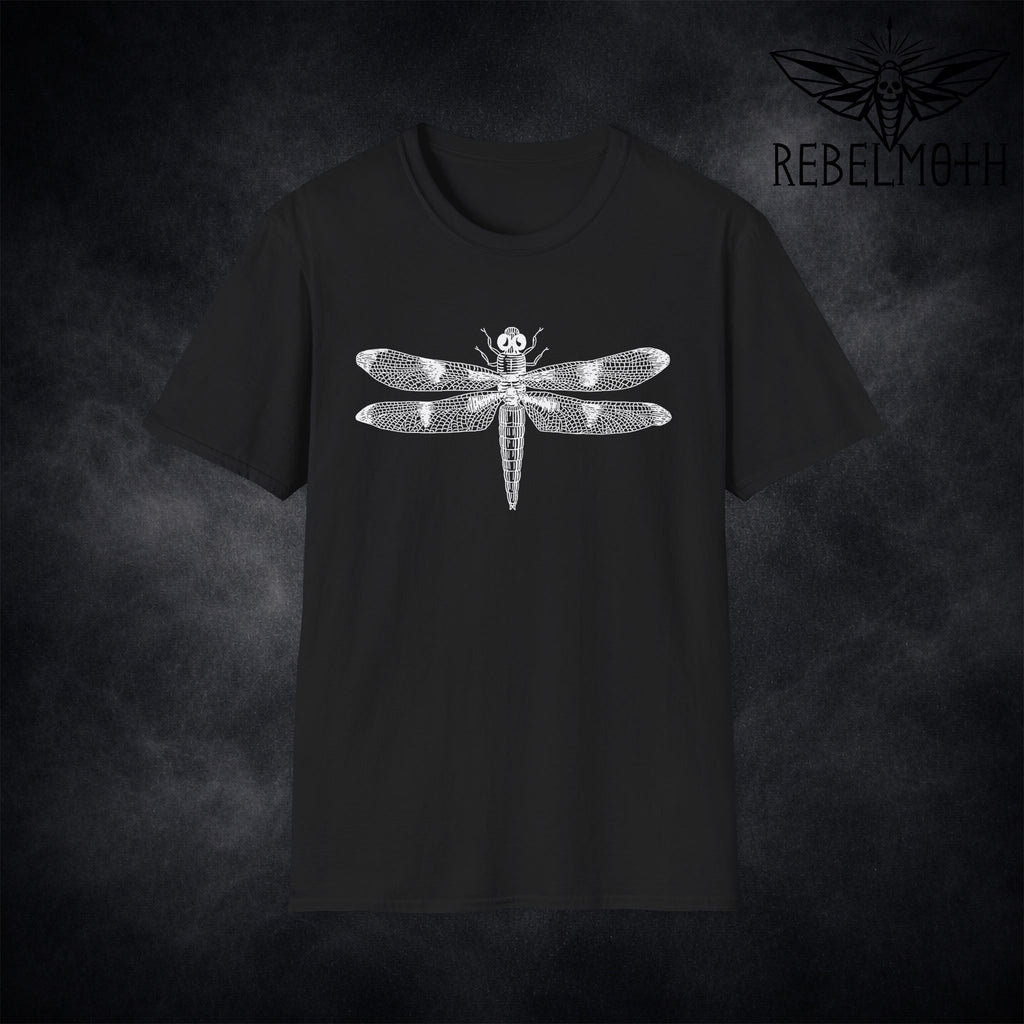 Black goth dragonfly T-shirt with white vintage insect graphic and skull detail by RebelMoth