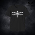 Black goth dragonfly T-shirt with white vintage insect graphic and skull detail by RebelMoth