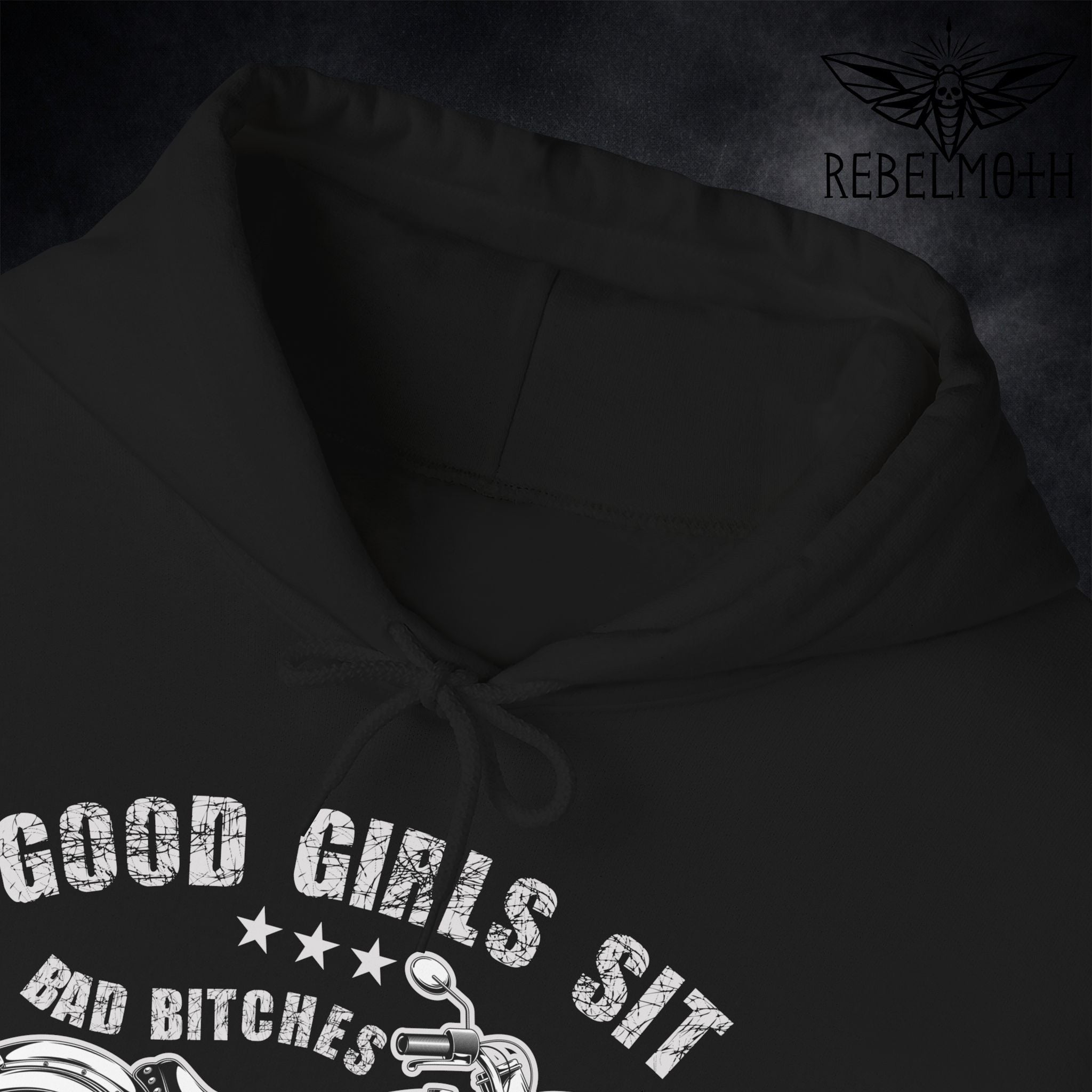 Close-up of biker motorcycle artwork and “Bad Bitches Ride” text on hoodie