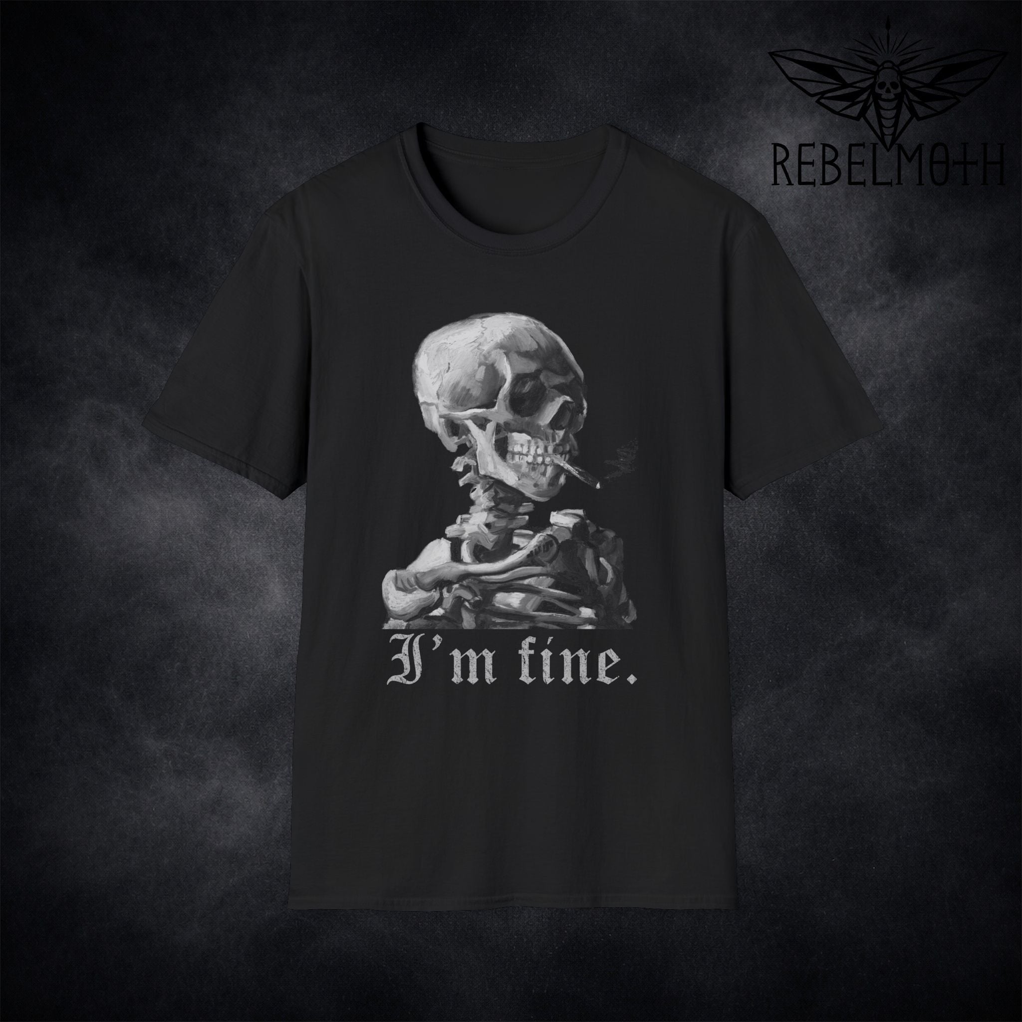 I’m Fine Smoking Skeleton T-Shirt – Dark Humor Goth Tee
