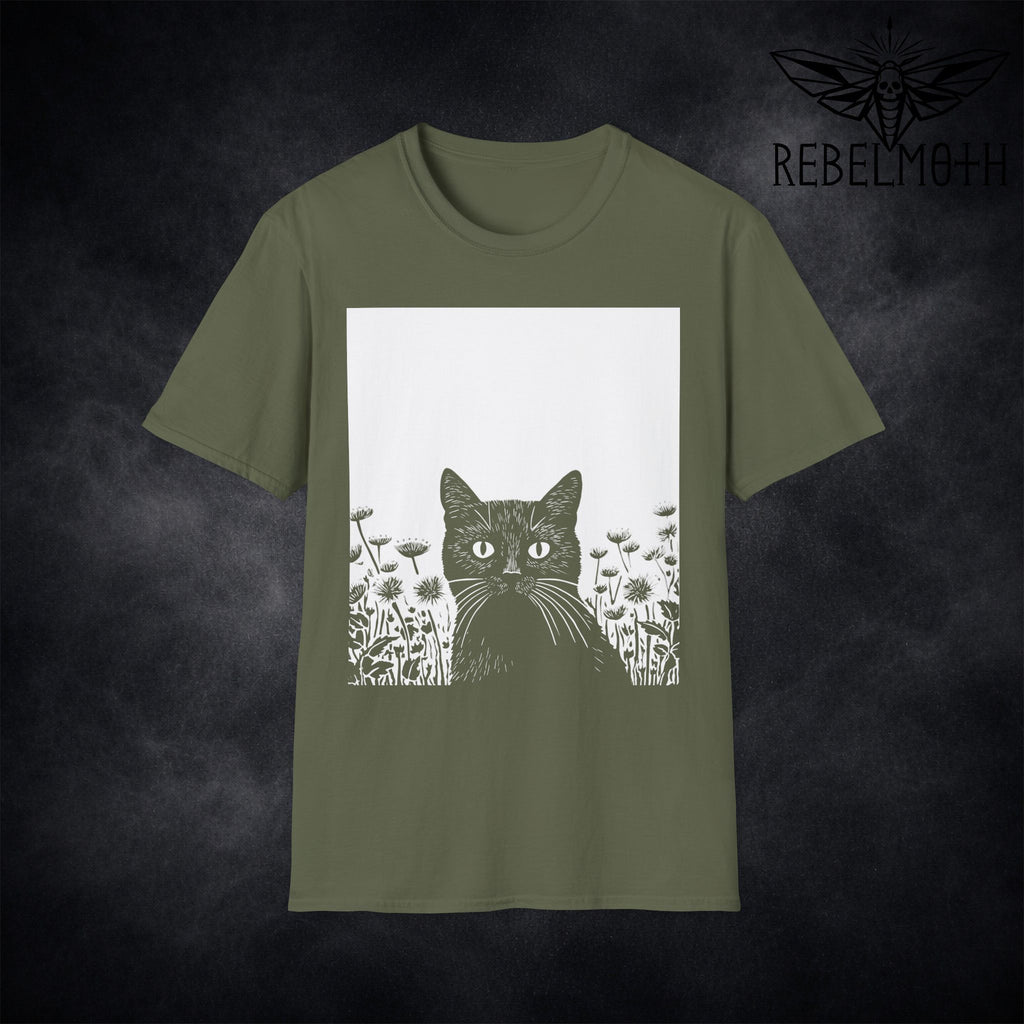 Military Green t-shirt with black cat in a wildflower garden vintage linoprint graphic (cat garden tee)