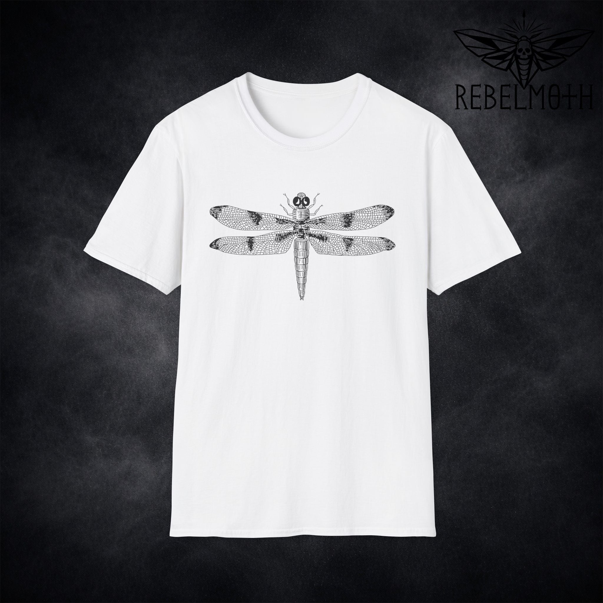White goth dragonfly T-shirt with black vintage insect graphic and skull detail by RebelMoth