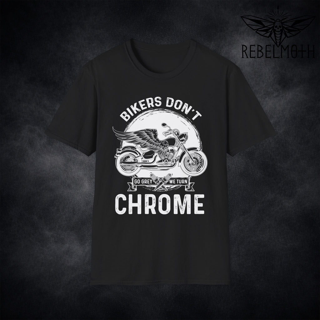 Flat lay of black motorcycle biker slogan t-shirt with winged bike badge and Bikers Don’t Go Grey We Turn Chrome text