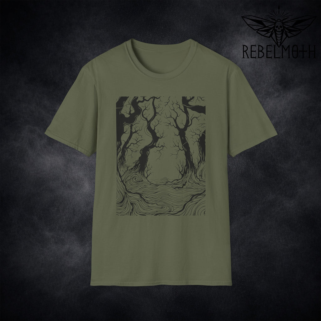 Dark Forest T-Shirt – Woodcut Roots Graphic Tee