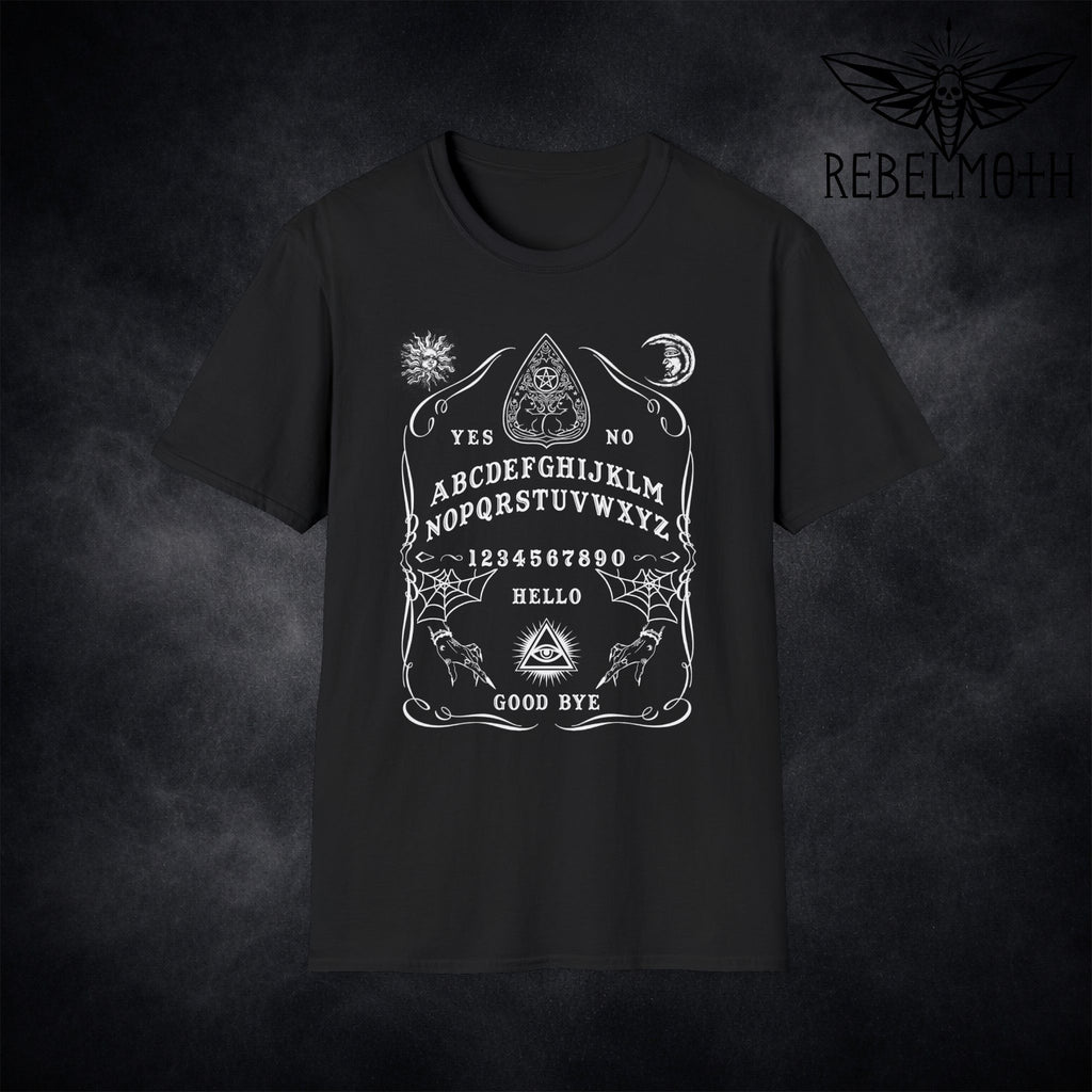 Black t-shirt with ouija spirit board graphic in white line art (witchy occult design)