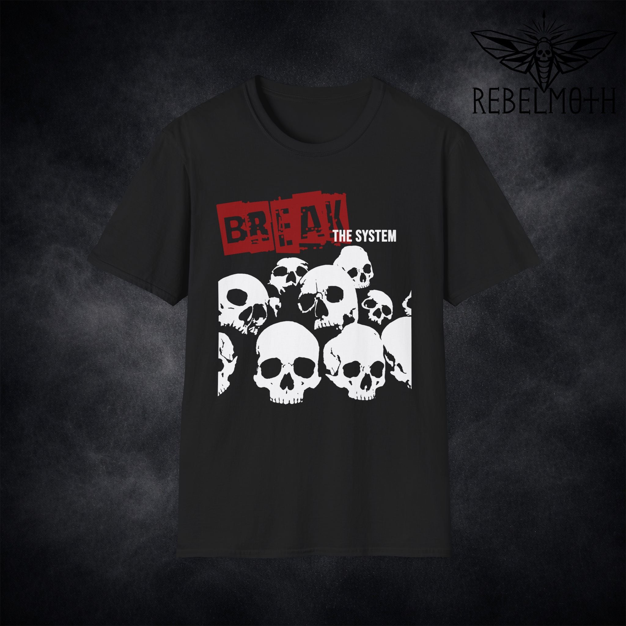 Black punk t-shirt with “Break the System” skull cluster graphic in gritty black-and-white grunge style