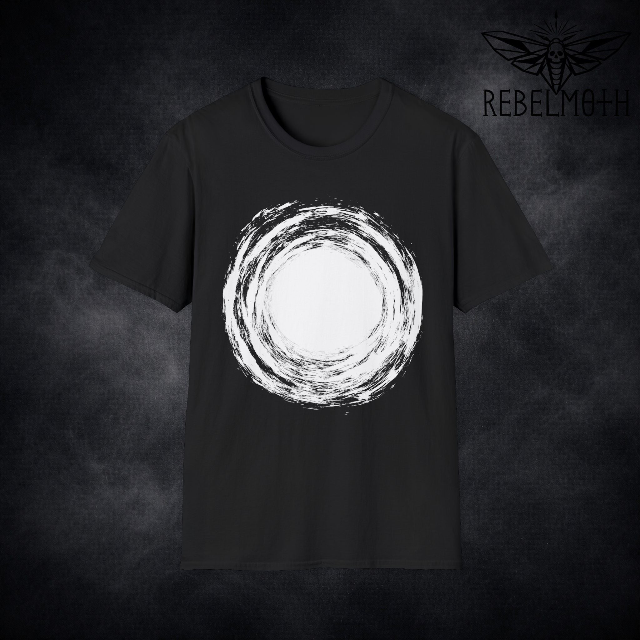 Black hole t-shirt with a rough brush vortex graphic. Minimal edgy design for alternative streetwear, goth-adjacent and grunge/metal outfits.