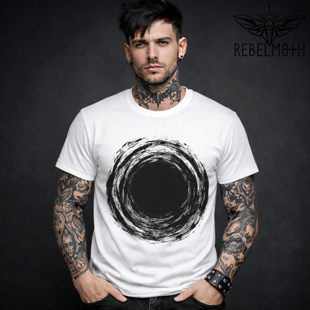 White t-shirt with black hole vortex circle graphic in rough brush style (minimal design)